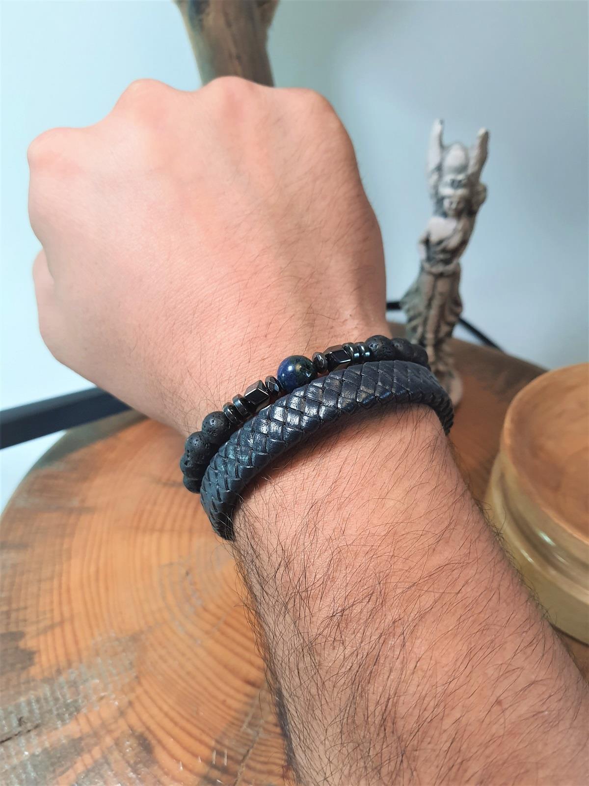 BileklikJTSS23KOB1331 JANTİ 2'Lİ KOMBİN BİLEKLİK LAPİS LAZULİ HEMATİT LAV DOĞALTAŞ ve DERİ KUTULU GARANTİLİJanti