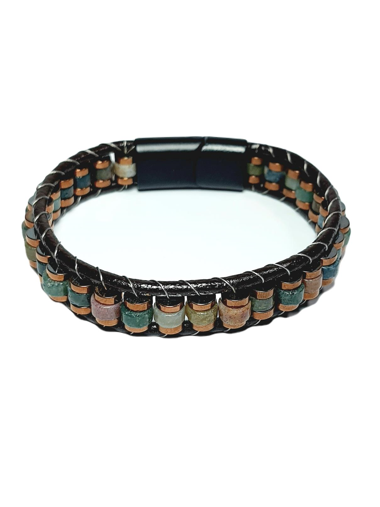 BileklikJTSS24DEB1464 HEMATİT ve DEĞERLİ DOĞALTAŞLAR MIKNATIS KAPAMA ÇELİK DERİ JANTİ BİLEKLİKJanti