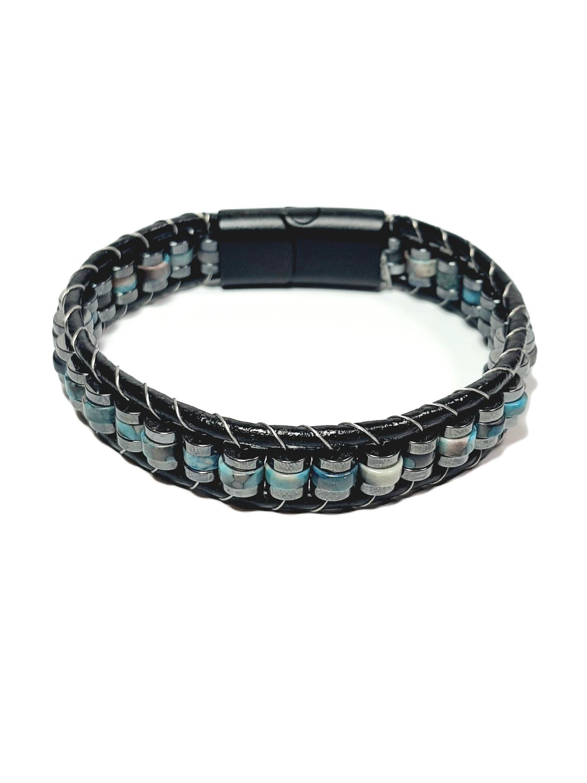 BileklikJTSS24DEB1468 SODALİT ve HEMATİT DOĞALTAŞ MIKNATIS KAPAMA ÇELİK DERİ JANTİ BİLEKLİKJanti