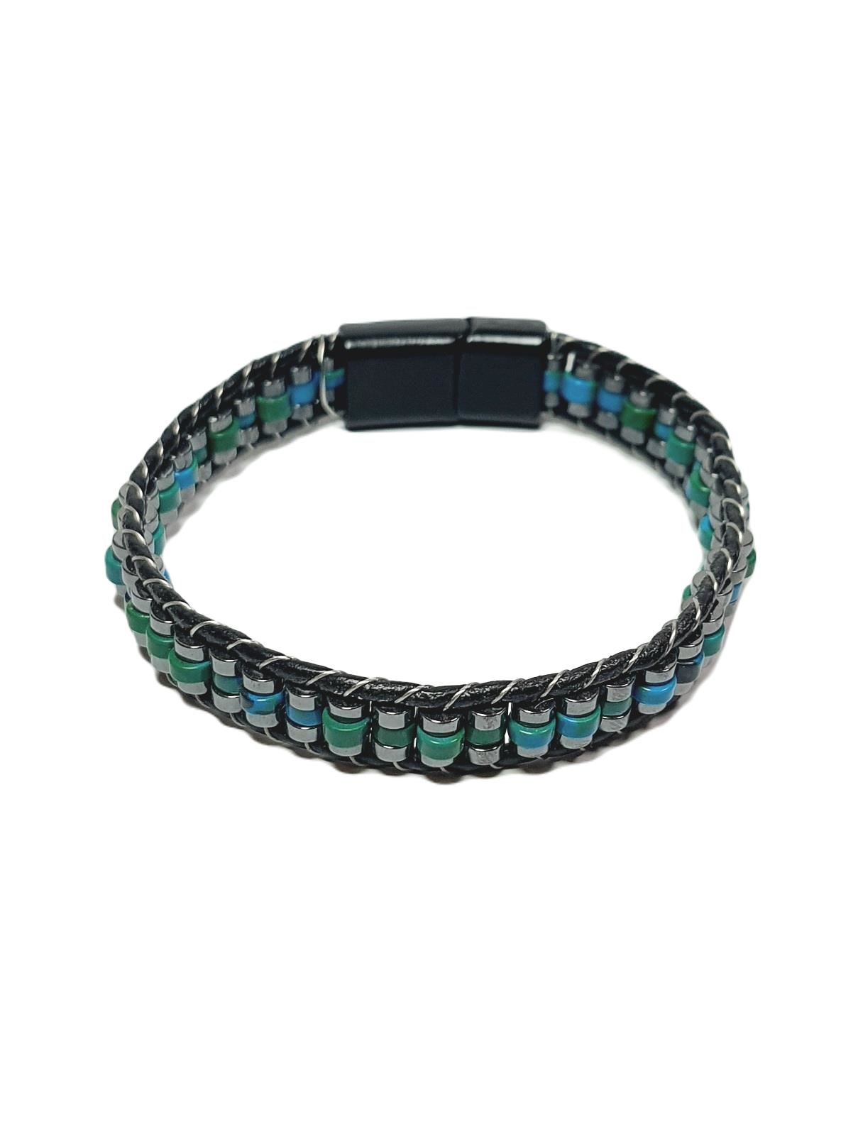 BileklikJTSS24DEB1470 TURKUAZ  ve HEMATİT DOĞALTAŞ MIKNATIS KAPAMA ÇELİK DERİ JANTİ BİLEKLİKJanti