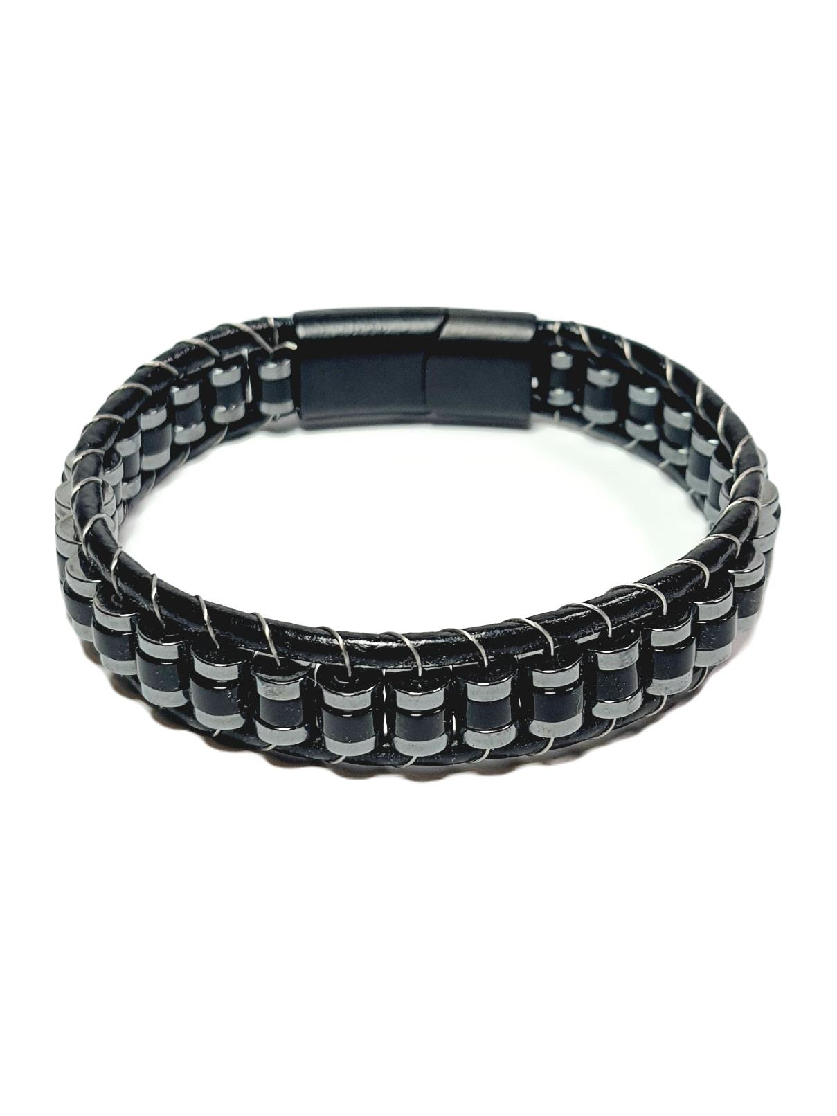 BileklikJTSS24DEB1471 ONYX  ve HEMATİT DOĞALTAŞ MIKNATIS KAPAMA ÇELİK DERİ JANTİ BİLEKLİKJanti