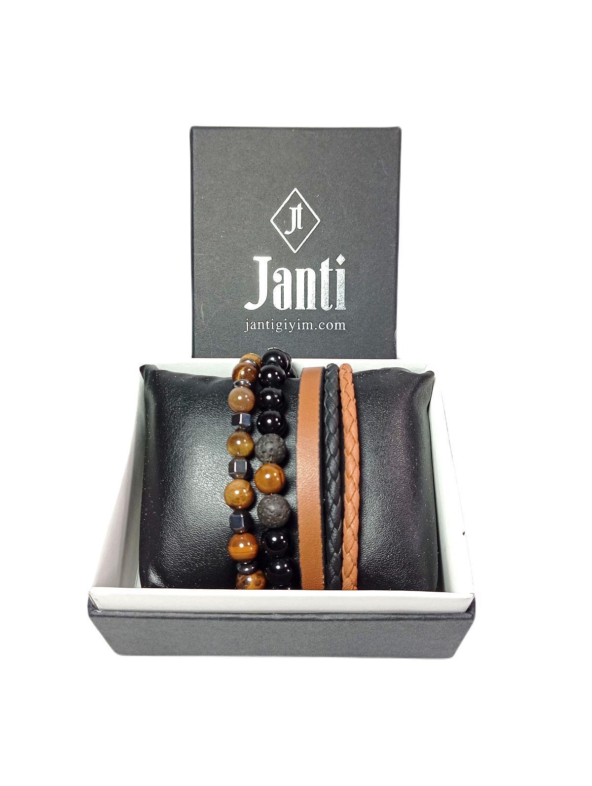 BileklikJTSS24KOB1455 DERİ - KAPLANGÖZÜ - ONYX - LAV - HEMATİT DOĞALTAŞ KOMBİN BİLEKLİKJanti