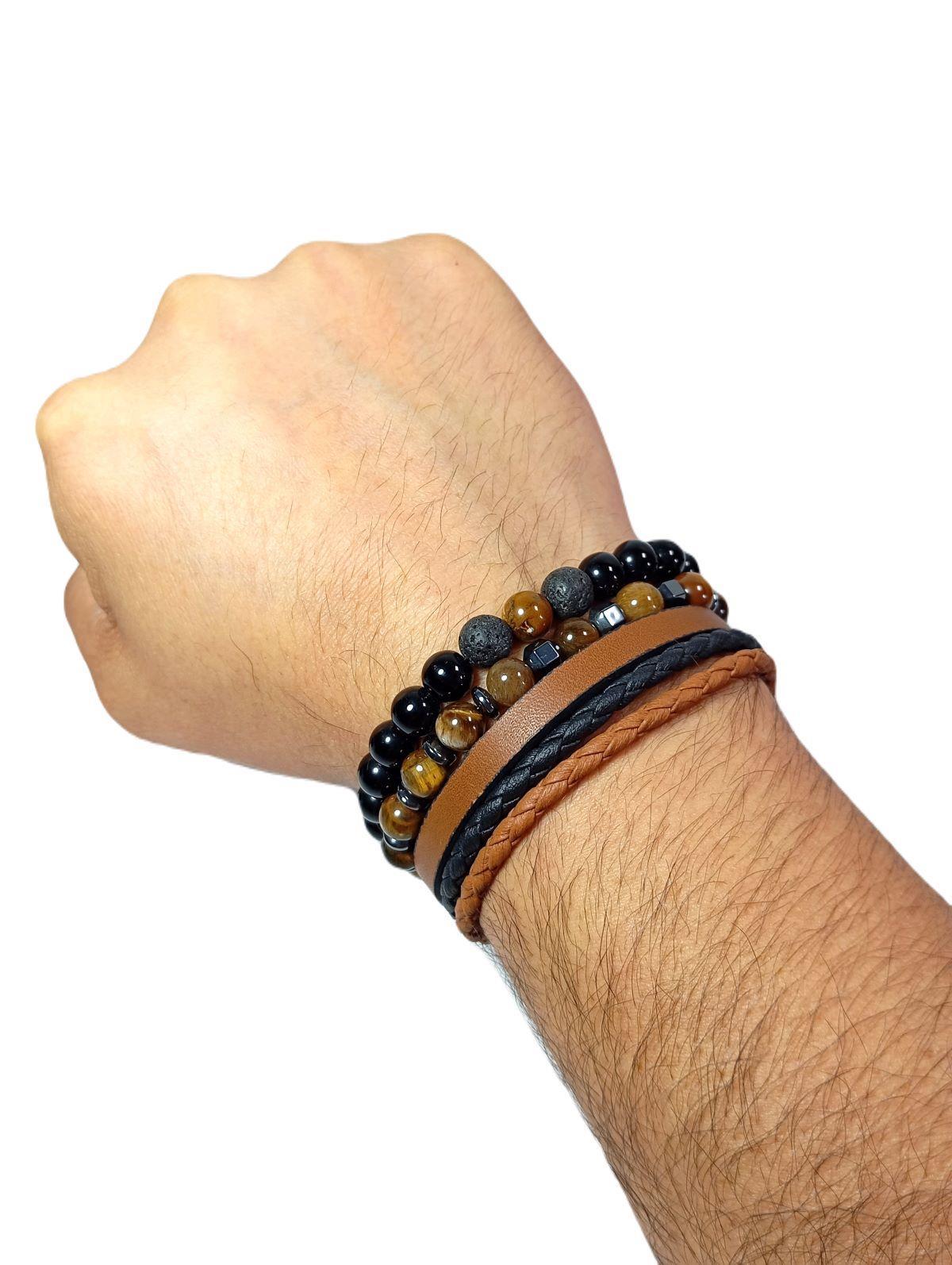 BileklikJTSS24KOB1455 DERİ - KAPLANGÖZÜ - ONYX - LAV - HEMATİT DOĞALTAŞ KOMBİN BİLEKLİKJanti