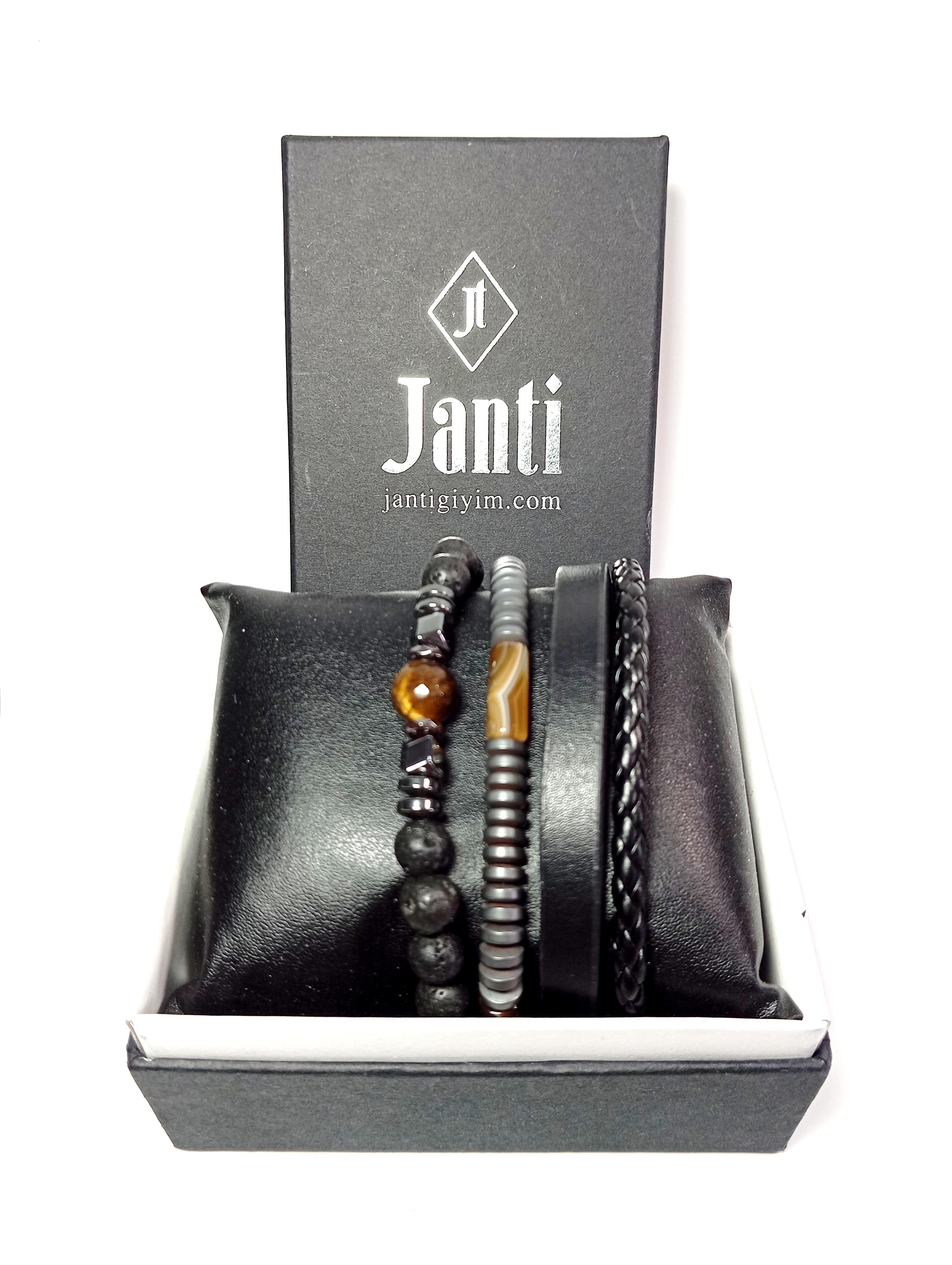 BileklikJTSS24KOB1460 DERİ - AKİK - KAPLANGÖZÜ - LAV - HEMATİT DOĞALTAŞ KOMBİN BİLEKLİKJanti