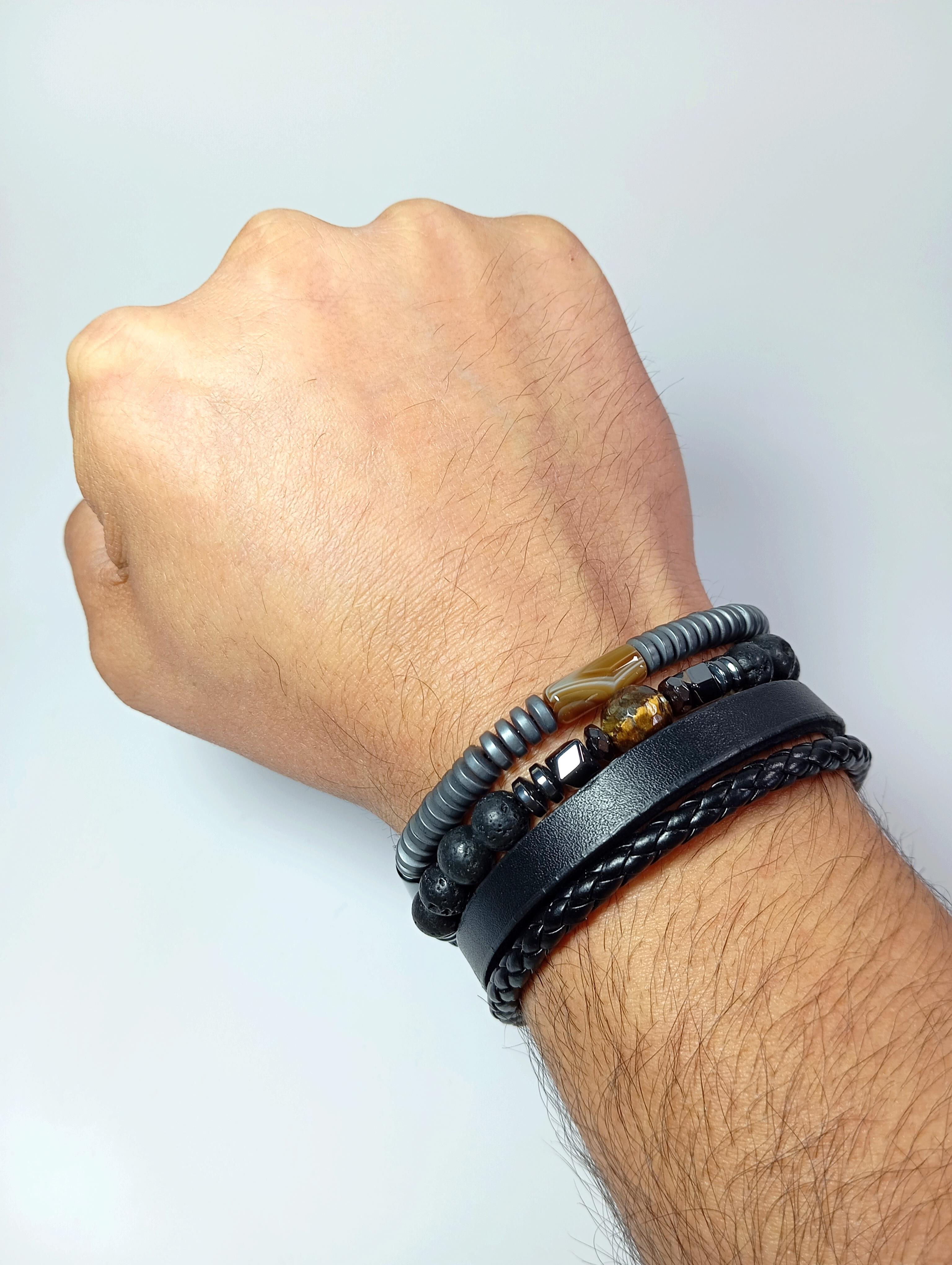 BileklikJTSS24KOB1460 DERİ - AKİK - KAPLANGÖZÜ - LAV - HEMATİT DOĞALTAŞ KOMBİN BİLEKLİKJanti