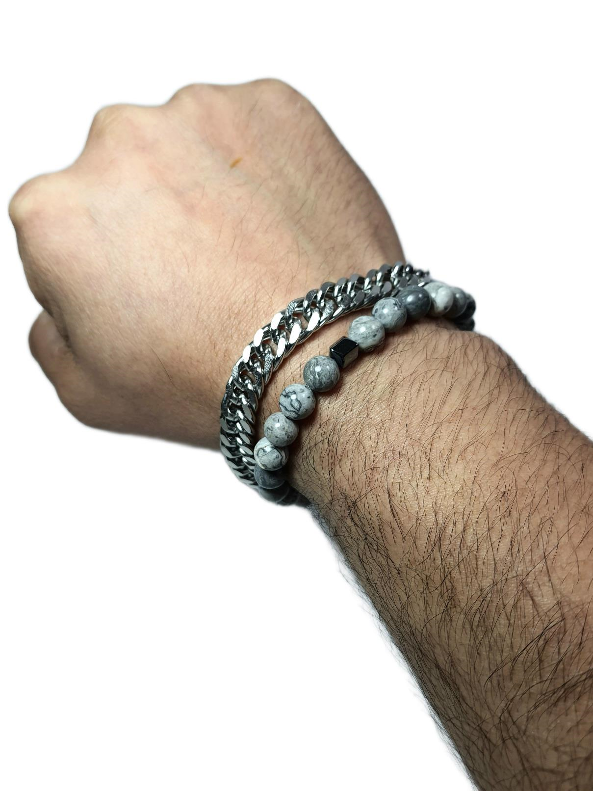 Çelik BileklikJTSS25KOB1571 PASLANMAZ ÇELİK JASPER DOĞALTAŞ JANTİ KOMBİN BİLEKLİK KUTULUJanti