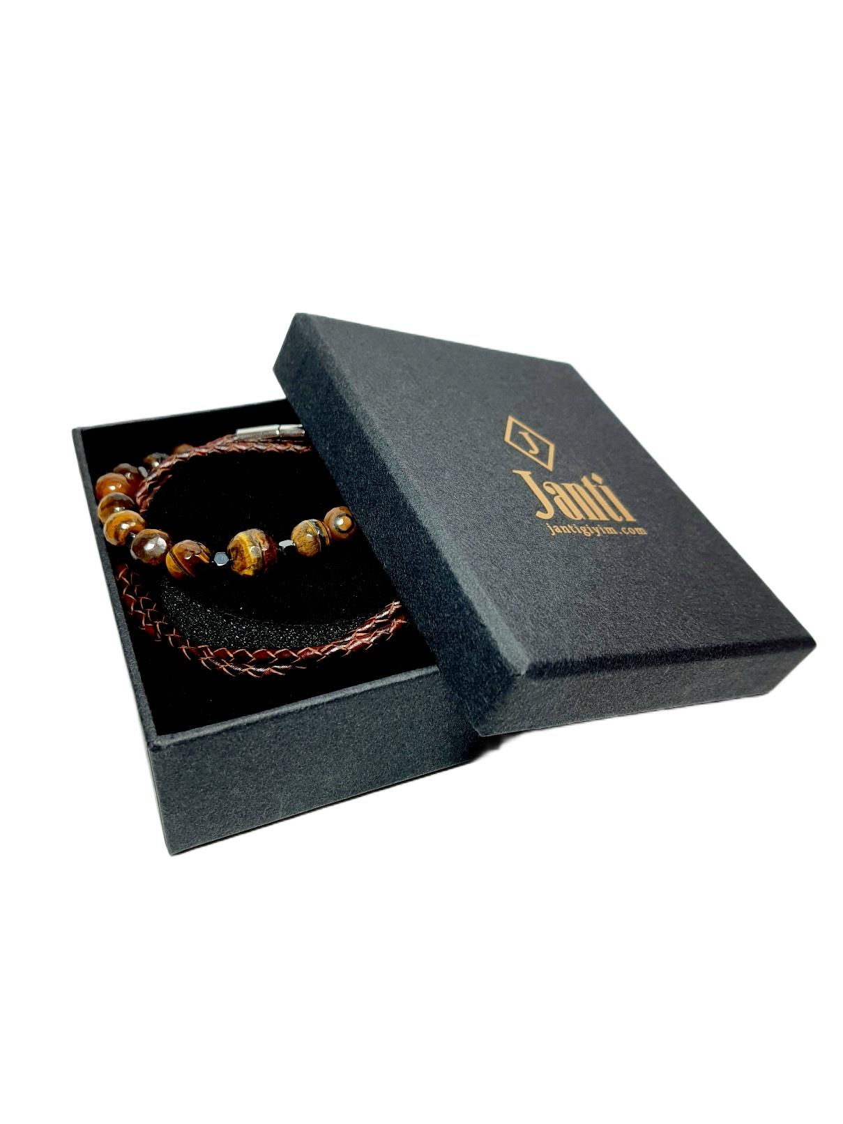 Deri BileklikJTSS25KOB1572 HAKİKİ DANA DERİSİ KAPLANGÖZÜ DOĞALTAŞ JANTİ KOMBİN BİLEKLİK KUTULUJanti