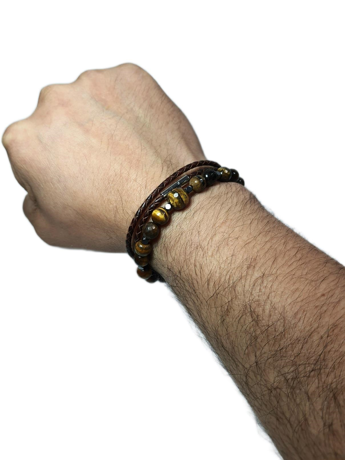 Deri BileklikJTSS25KOB1572 HAKİKİ DANA DERİSİ KAPLANGÖZÜ DOĞALTAŞ JANTİ KOMBİN BİLEKLİK KUTULUJanti