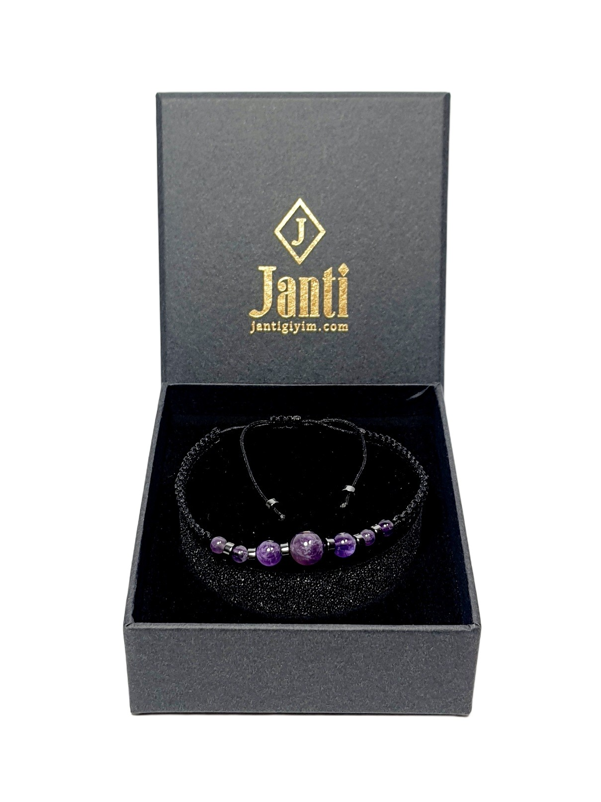 BileklikJTSS26BLK1868 AMETİST ve HEMATİT DOĞALTAŞ MAKROME İP EL ÖRMESİ MOR SİYAH UNISEX BİLEKLİK GARANTİLİ KUTULU JANTİ BİLEKLİKJanti