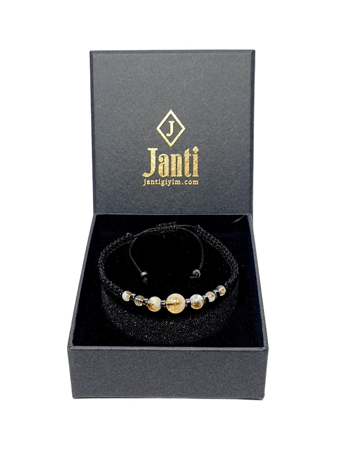 BileklikJTSS26BLK1869 SİTRİN ve HEMATİT DOĞALTAŞ MAKROME İP EL ÖRMESİ SARI GOLD SİYAH UNISEX BİLEKLİK GARANTİLİ KUTULU JANTİ BİLEKLİKJanti