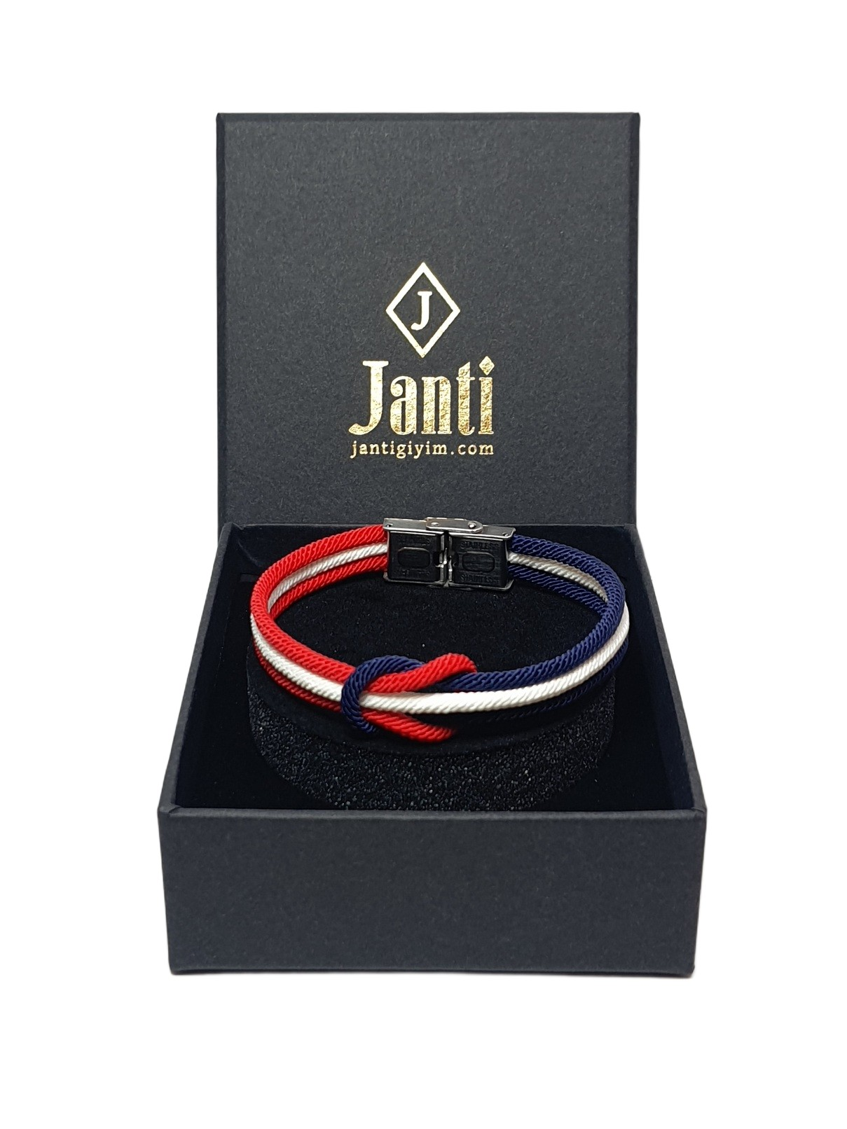 BileklikJTSS26BLK1872 PASLANMAZ ÇELİK KİLİT MİLAN İP EL YAPIMI LACİVERT KIRMIZI BEYAZ MARİN RENKLİ UNISEX BİLEKLİK GARANTİLİ KUTULU JANTİ BİLEKLİKJanti