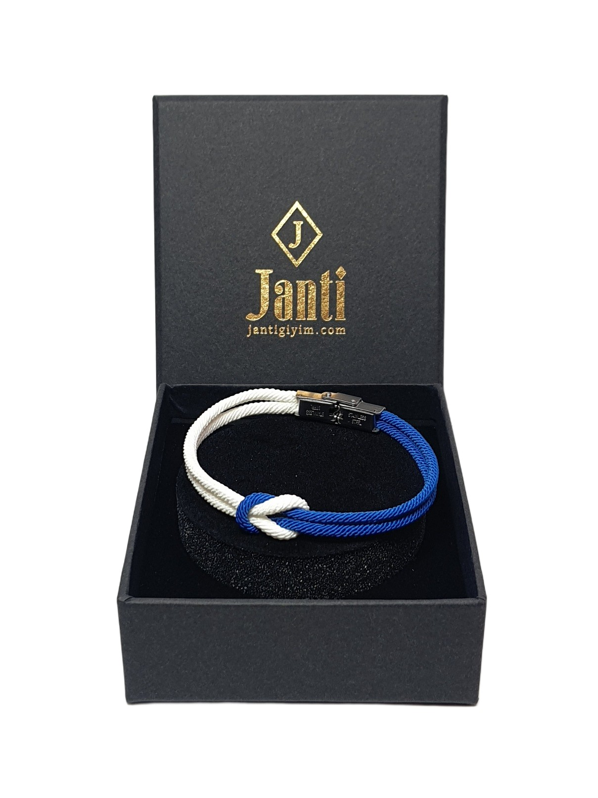 BileklikJTSS26BLK1875 PASLANMAZ ÇELİK KİLİT MİLAN İP EL YAPIMI MAVİ BEYAZ RENKLİ UNISEX BİLEKLİK GARANTİLİ KUTULU JANTİ BİLEKLİKJanti
