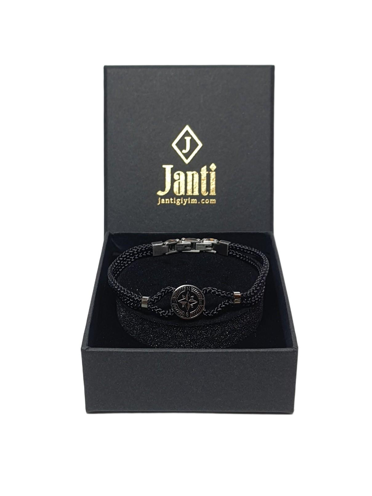 BileklikJTSS26BLK1878 PASLANMAZ ÇELİK KİLİT SİYAH MİLAN İP EL YAPIMI PUSULA APARATLI UNISEX BİLEKLİK GARANTİLİ KUTULU JANTİ BİLEKLİKJanti
