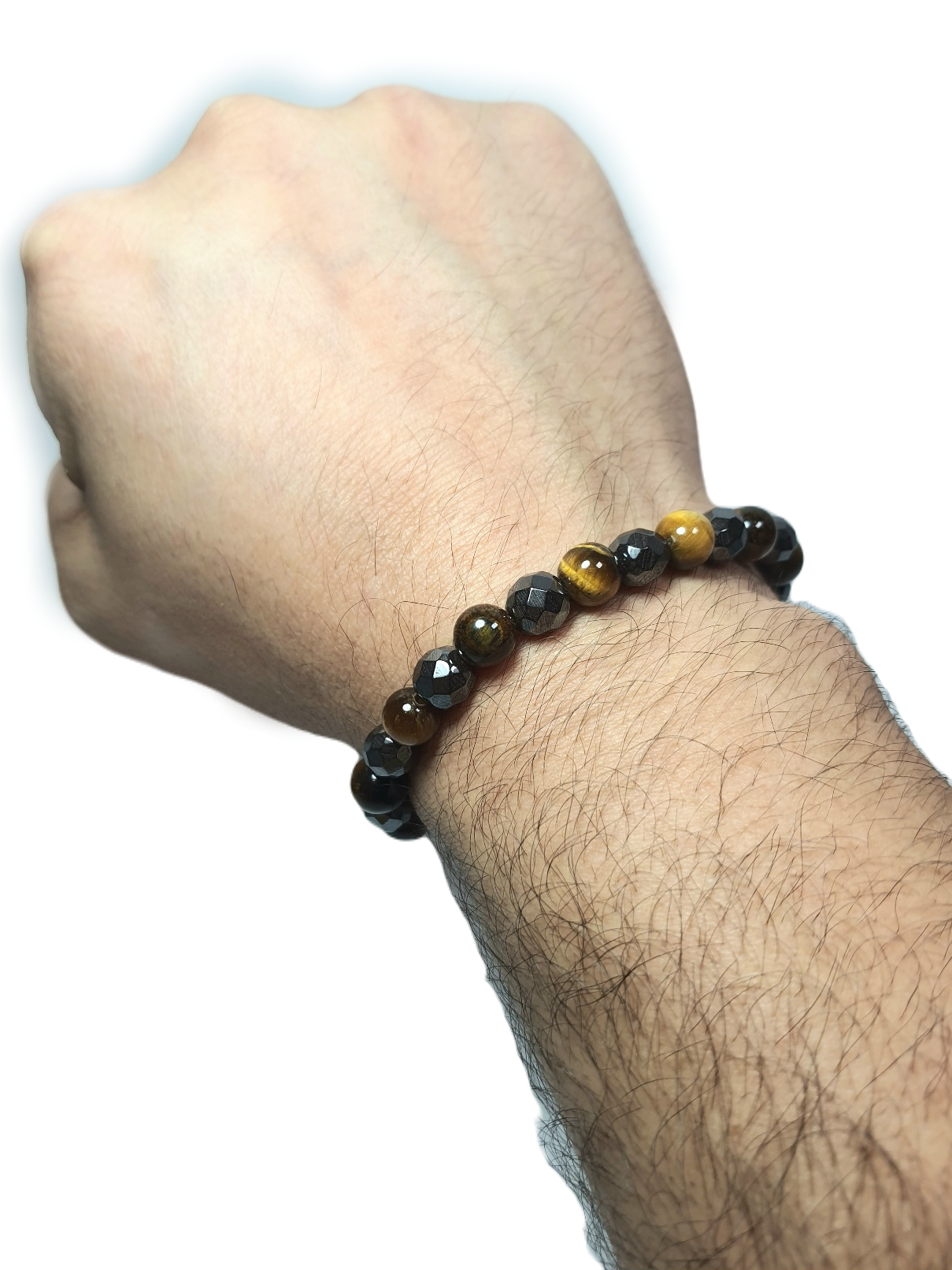 Doğaltaş BileklikLFNSS25DLB112350084-MARK3-STANDARTJANTİ LFN8 mm Orijinal Kaplangözü Doğaltaş ve 8 mm Faset Kesim Hematit Doğaltaş Bileklik