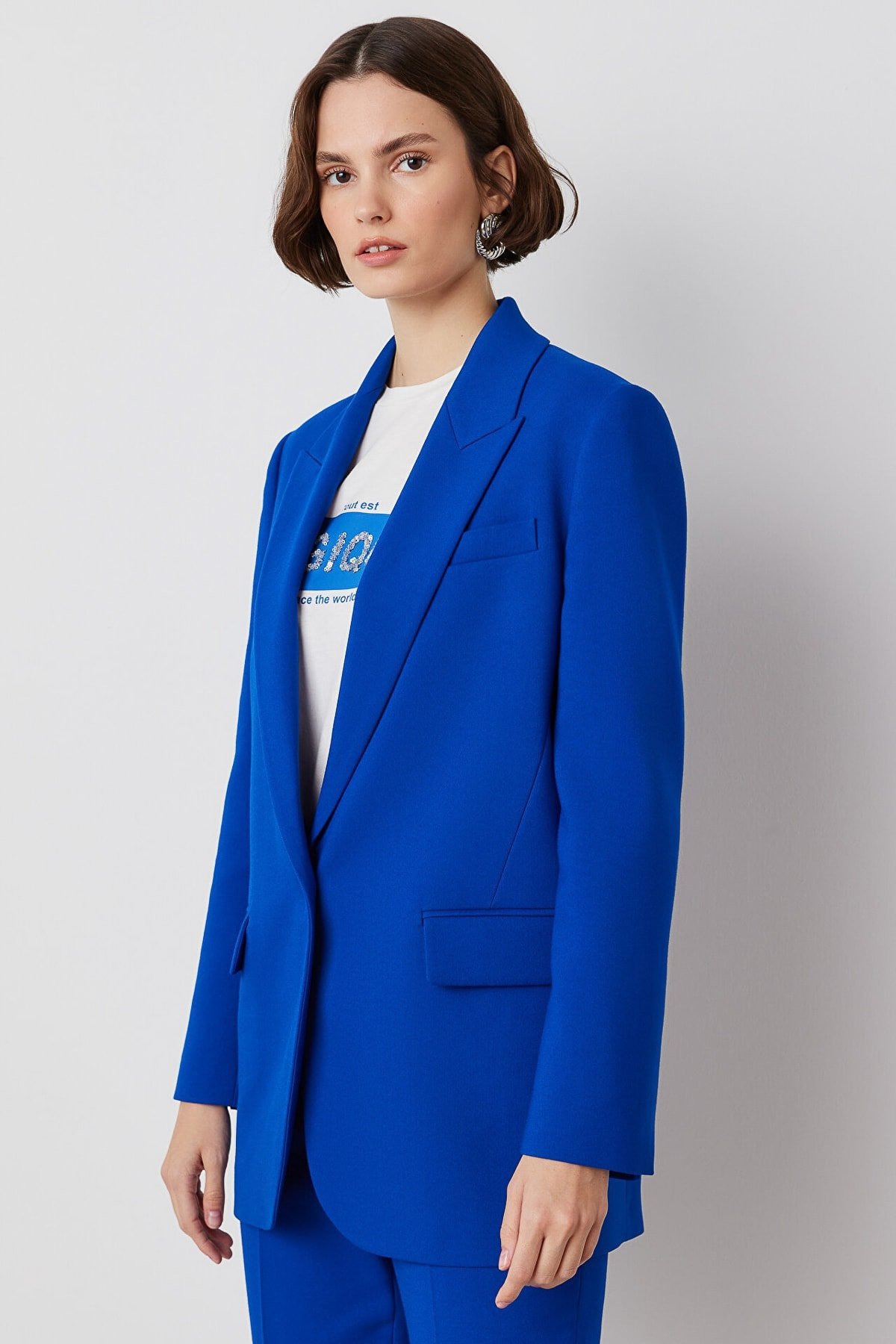 IPEKYOL Cep Kapaklı Mono Yaka Saks Blazer Ceket