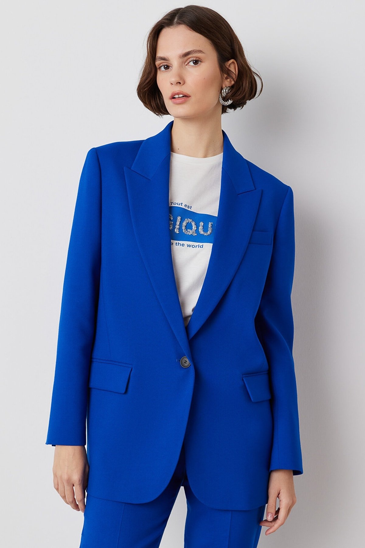 IPEKYOL Cep Kapaklı Mono Yaka Saks Blazer Ceket