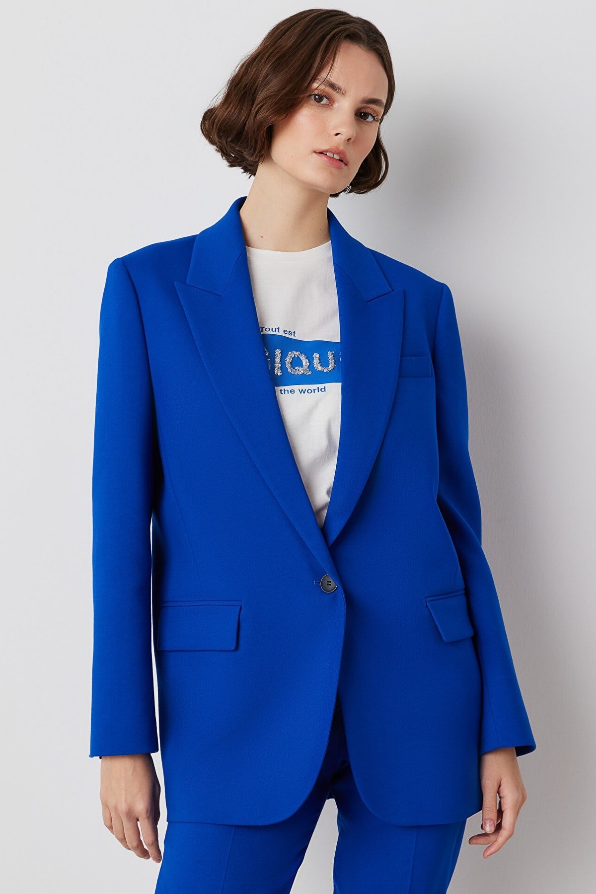 IPEKYOL Cep Kapaklı Mono Yaka Saks Blazer Ceket