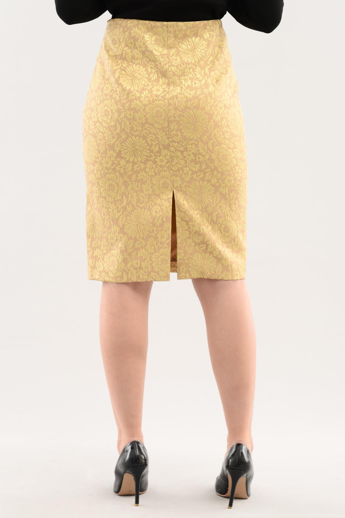 İPEKYOL Desenli Altın Yırtmaç Detaylı Etek