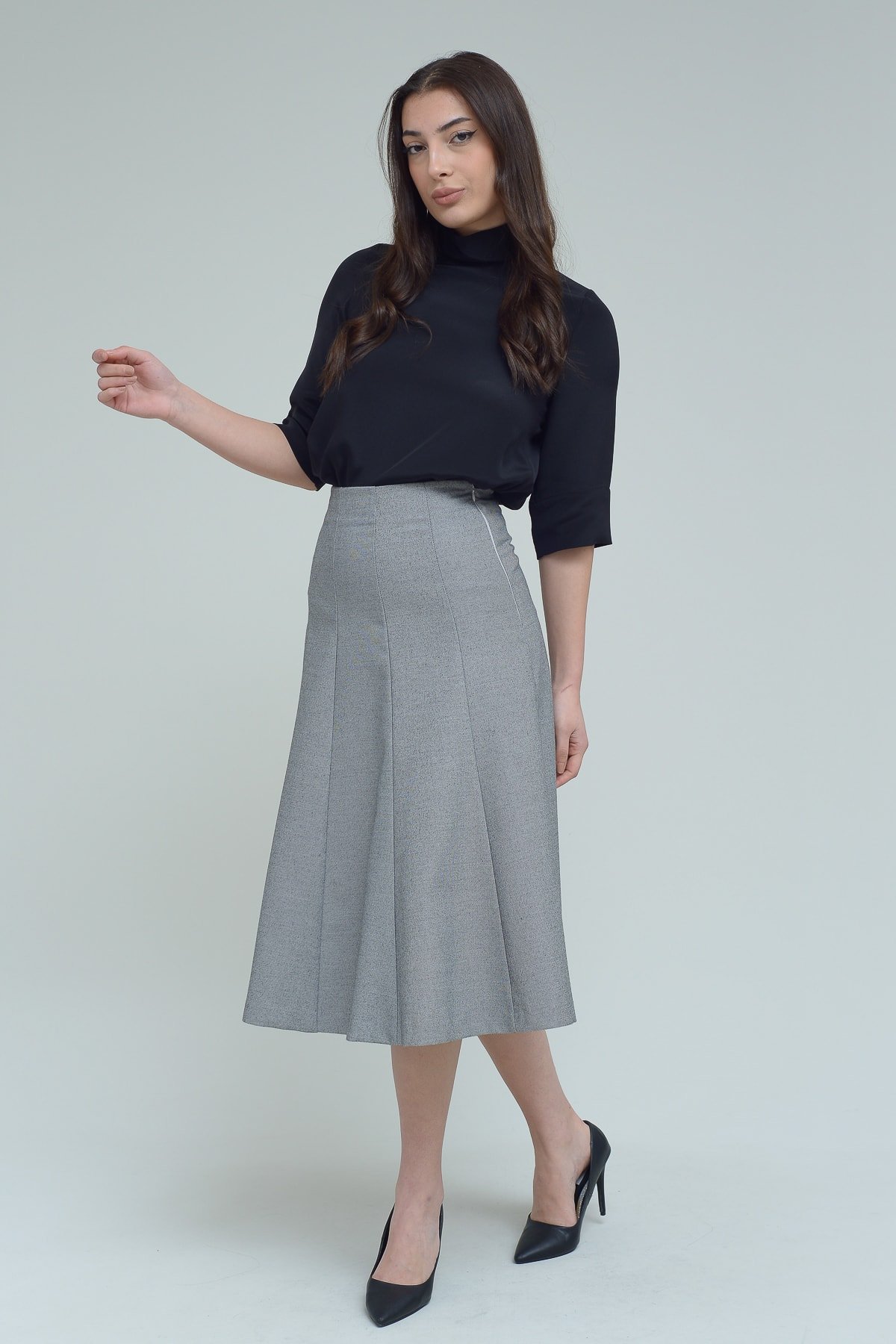 IPEKYOL Fermuar Detaylı Gri Melanj Etek