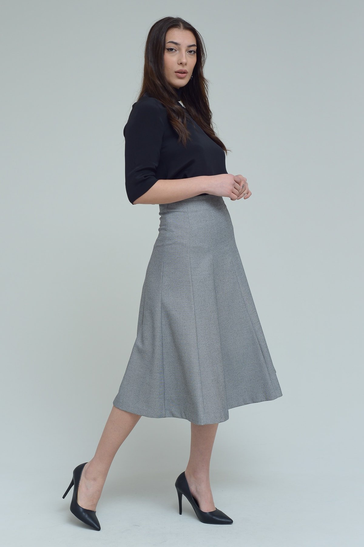 IPEKYOL Fermuar Detaylı Gri Melanj Etek