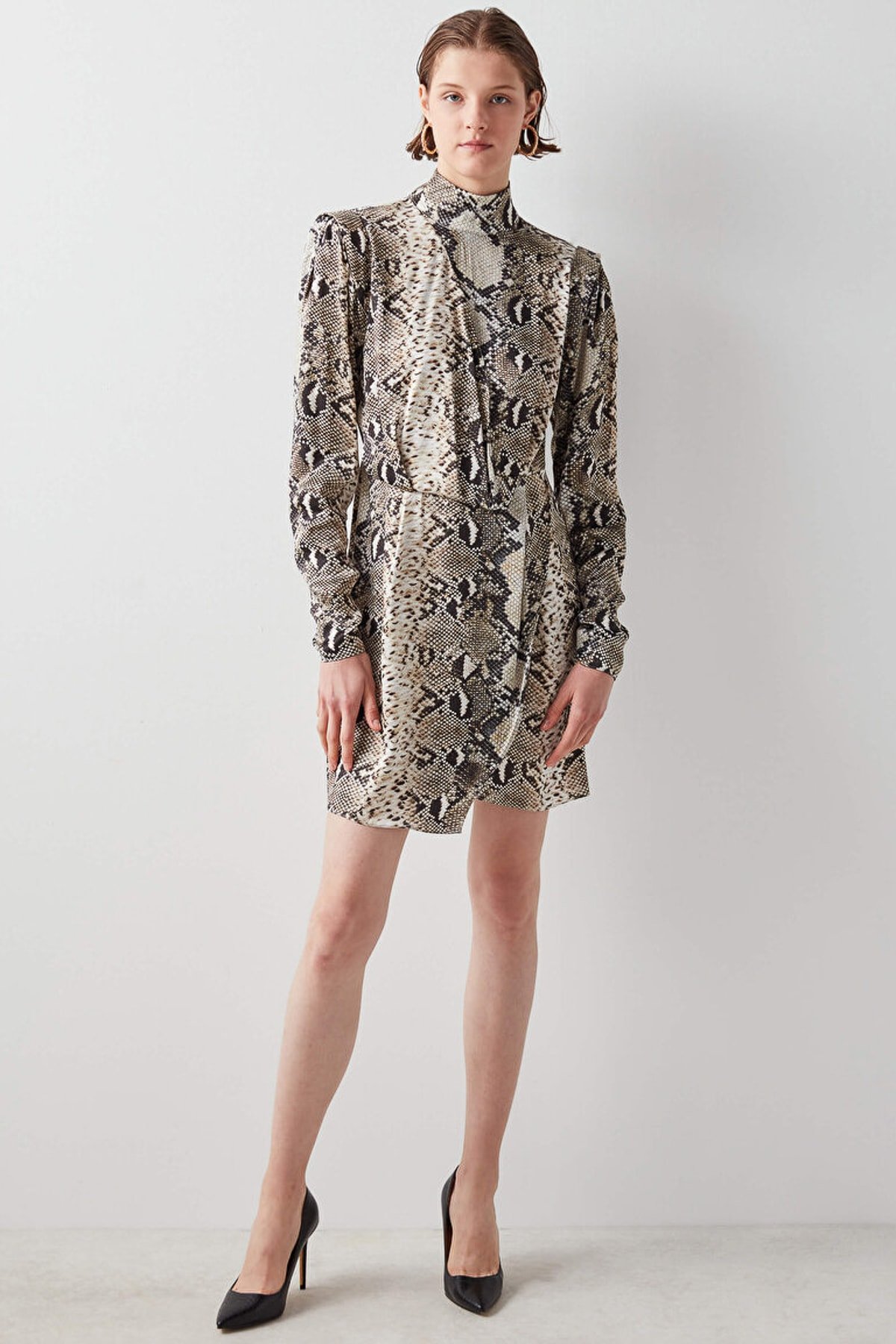 IPEKYOL Kahverengi Yılan Desen Mini Elbise