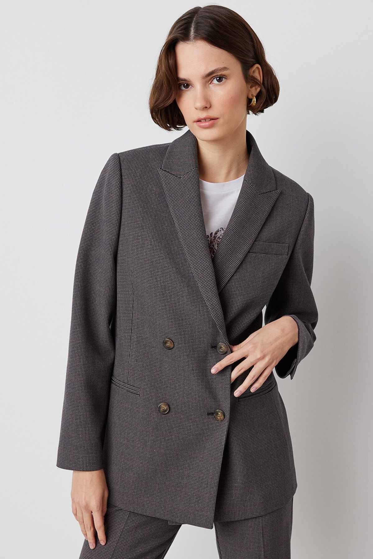 IPEKYOL Kazayağı Desen Kahverengi Kruvaze Blazer Ceket