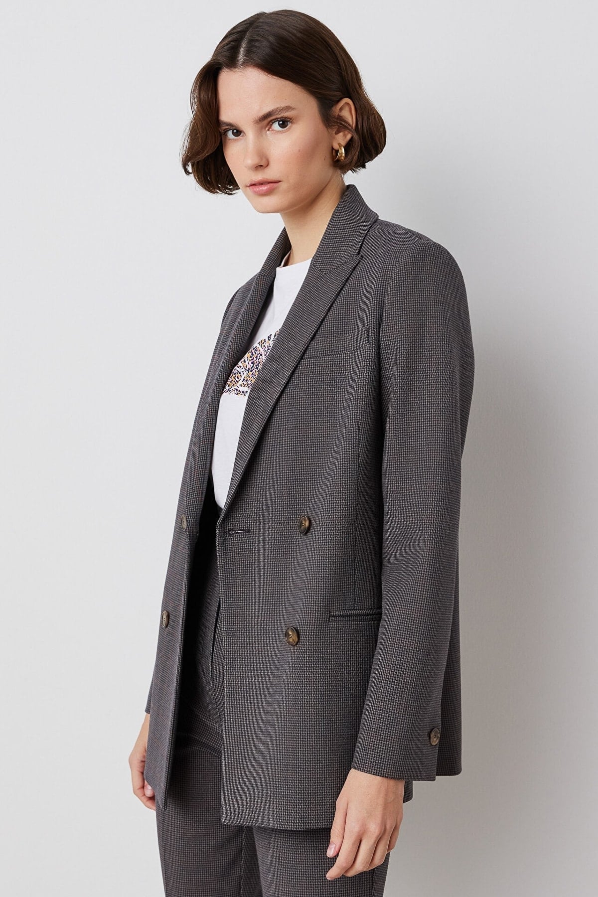 IPEKYOL Kazayağı Desen Kahverengi Kruvaze Blazer Ceket