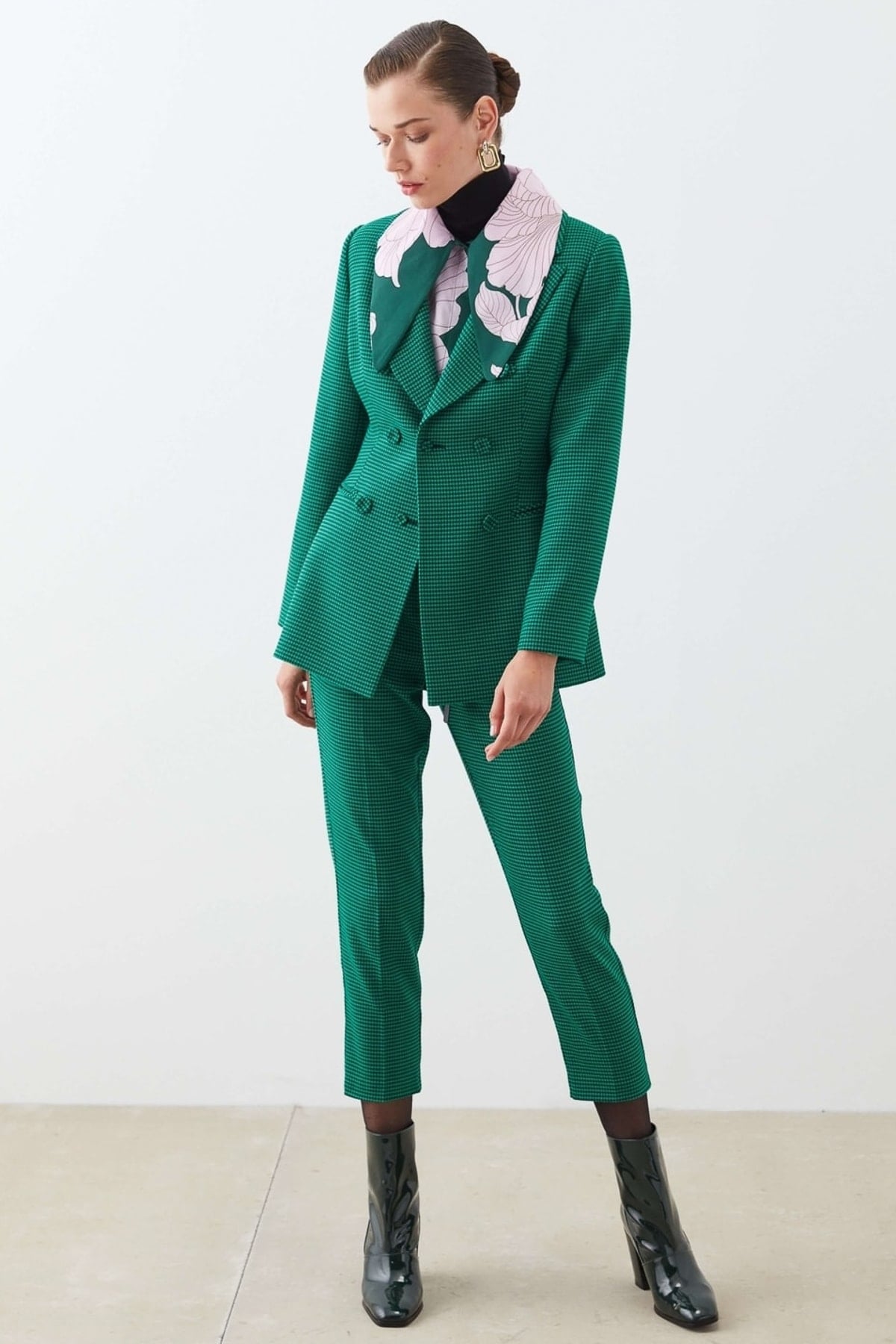 IPEKYOL Kazayağı Desen Yeşil Blazer Ceket