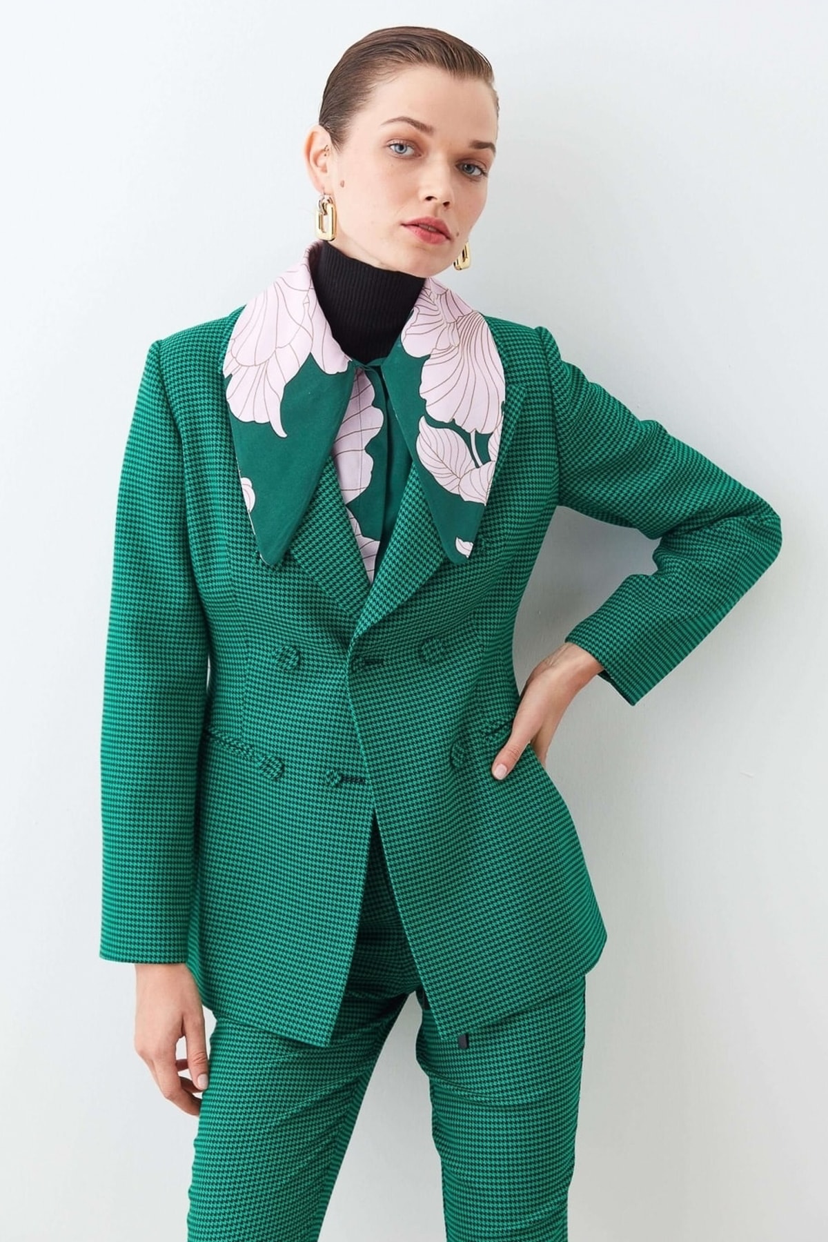 IPEKYOL Kazayağı Desen Yeşil Blazer Ceket