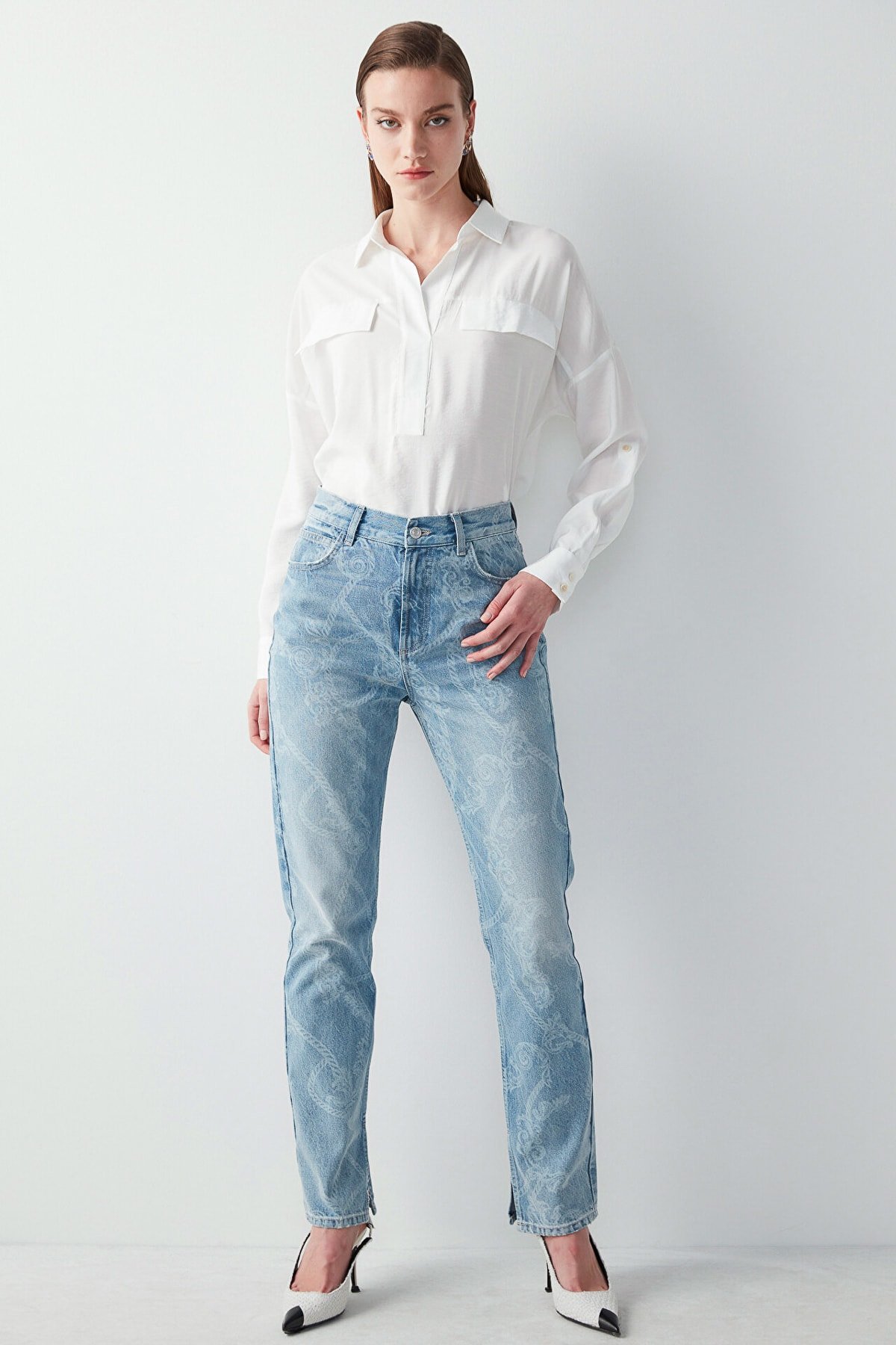 IPEKYOL Kırık Beyaz Gömlek Yaka Basic Bluz