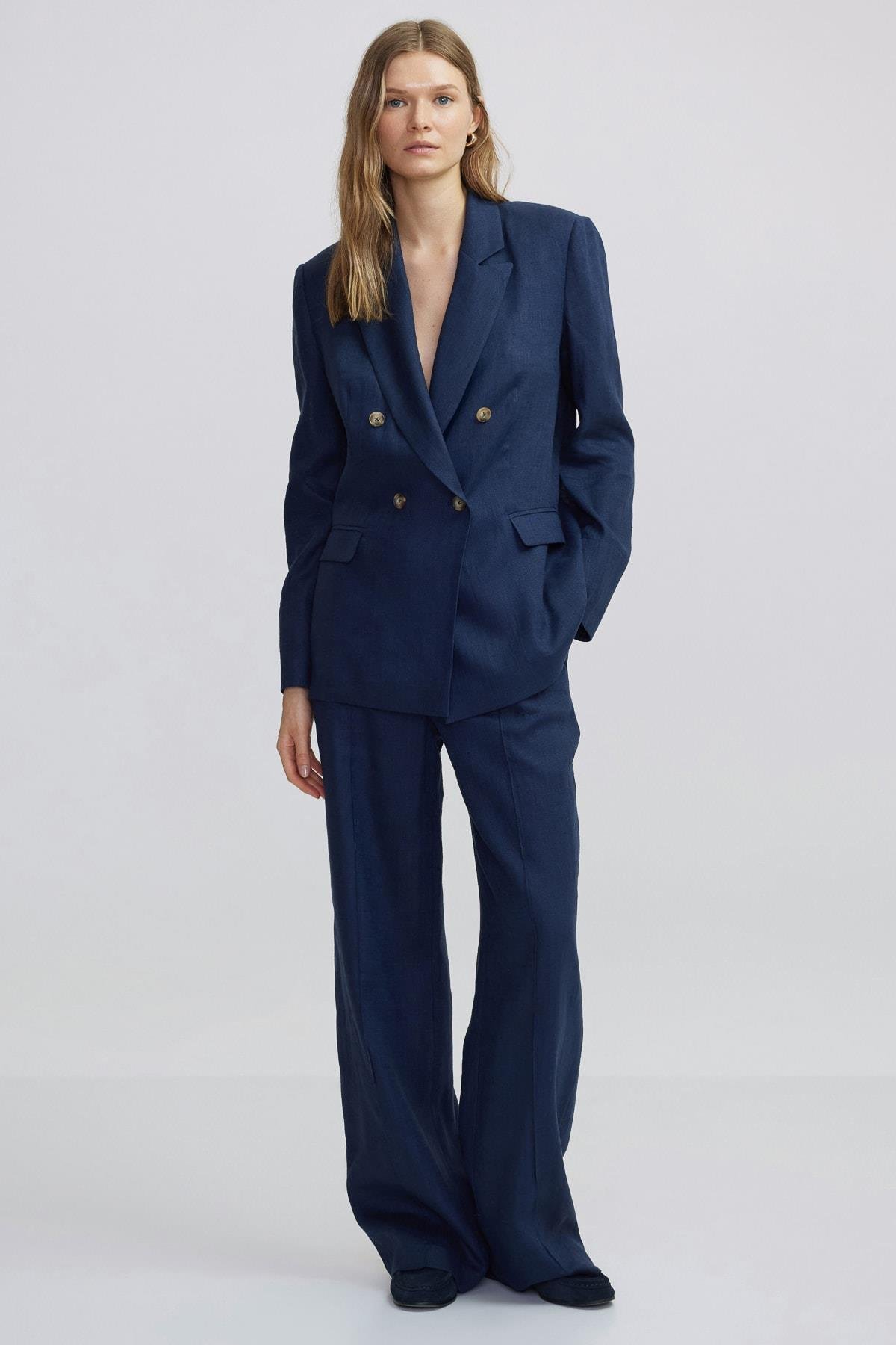 IPEKYOL Lacivert Keten Mix Blazer Ceket