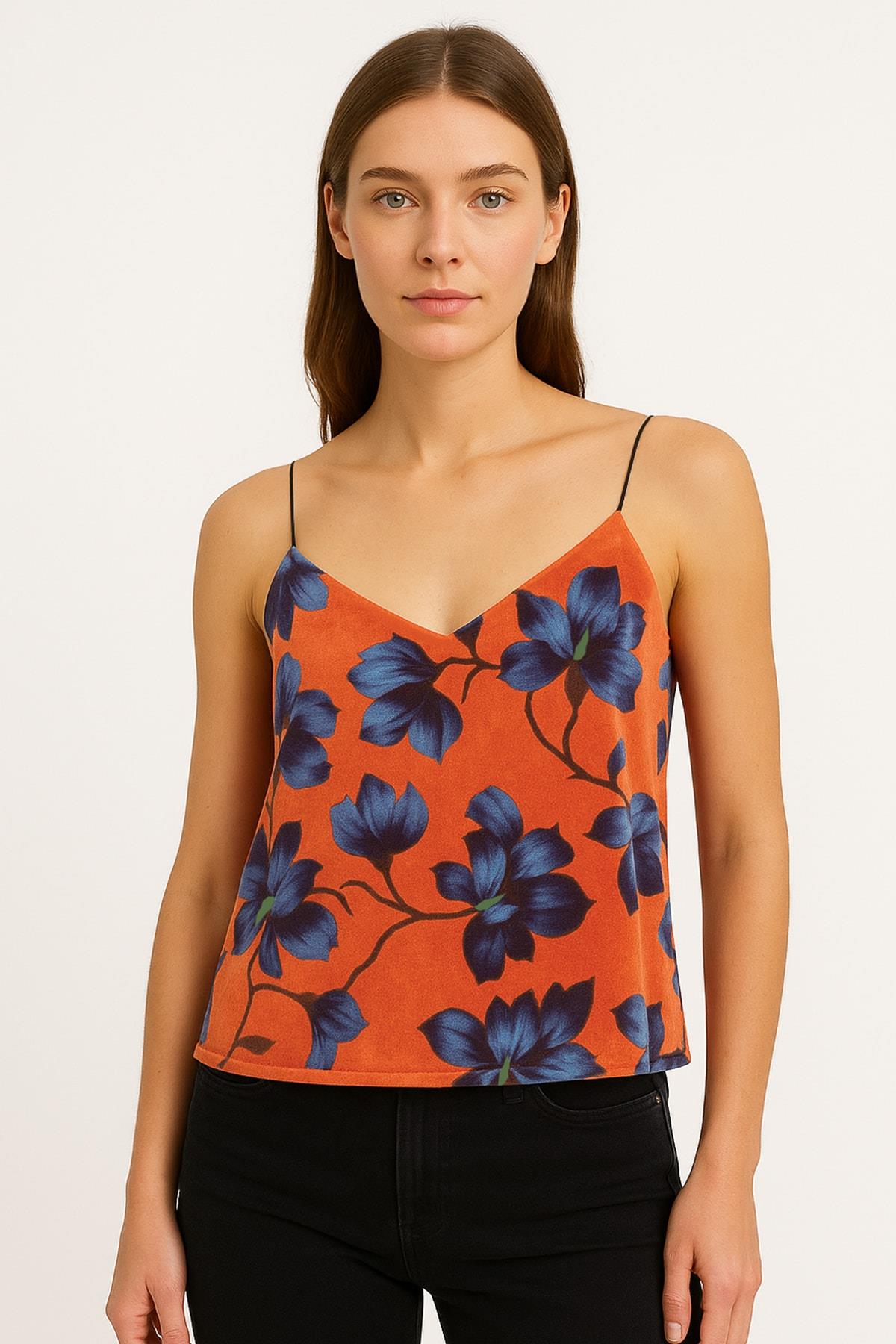 IPEKYOL Turuncu Desenli Askılı Bluz