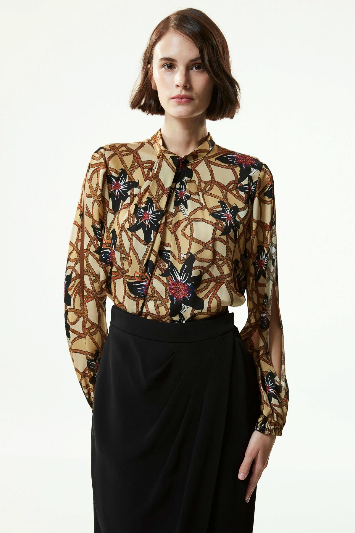 MACHKA Bej Hakim Yaka Desenli Bluz