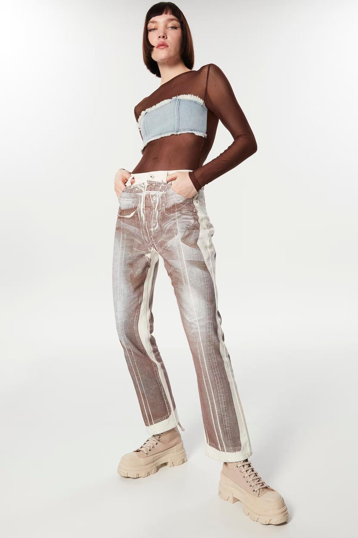 TWIST Görsel Baskılı Beyaz Jean Panntolon