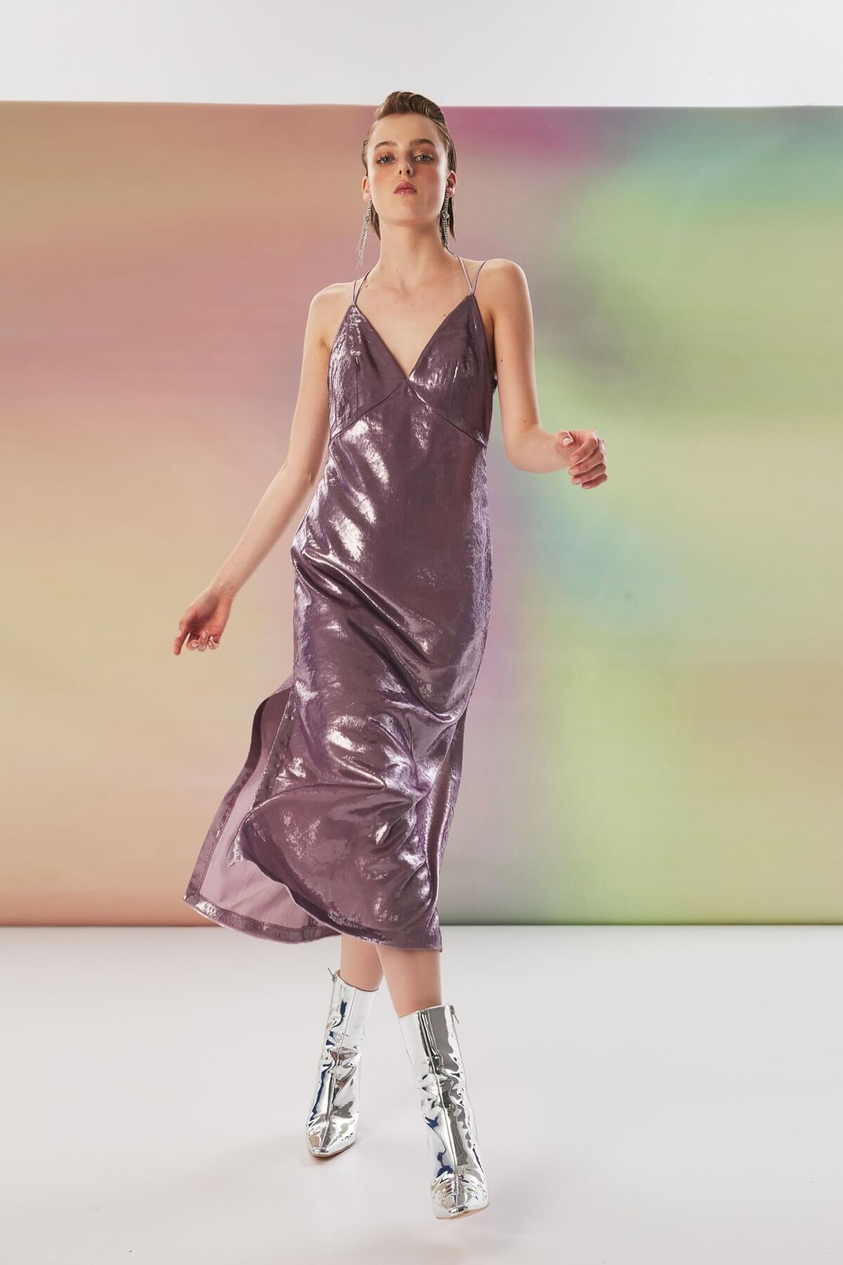 TWIST Lila Parlak Dokulu Midi Elbise