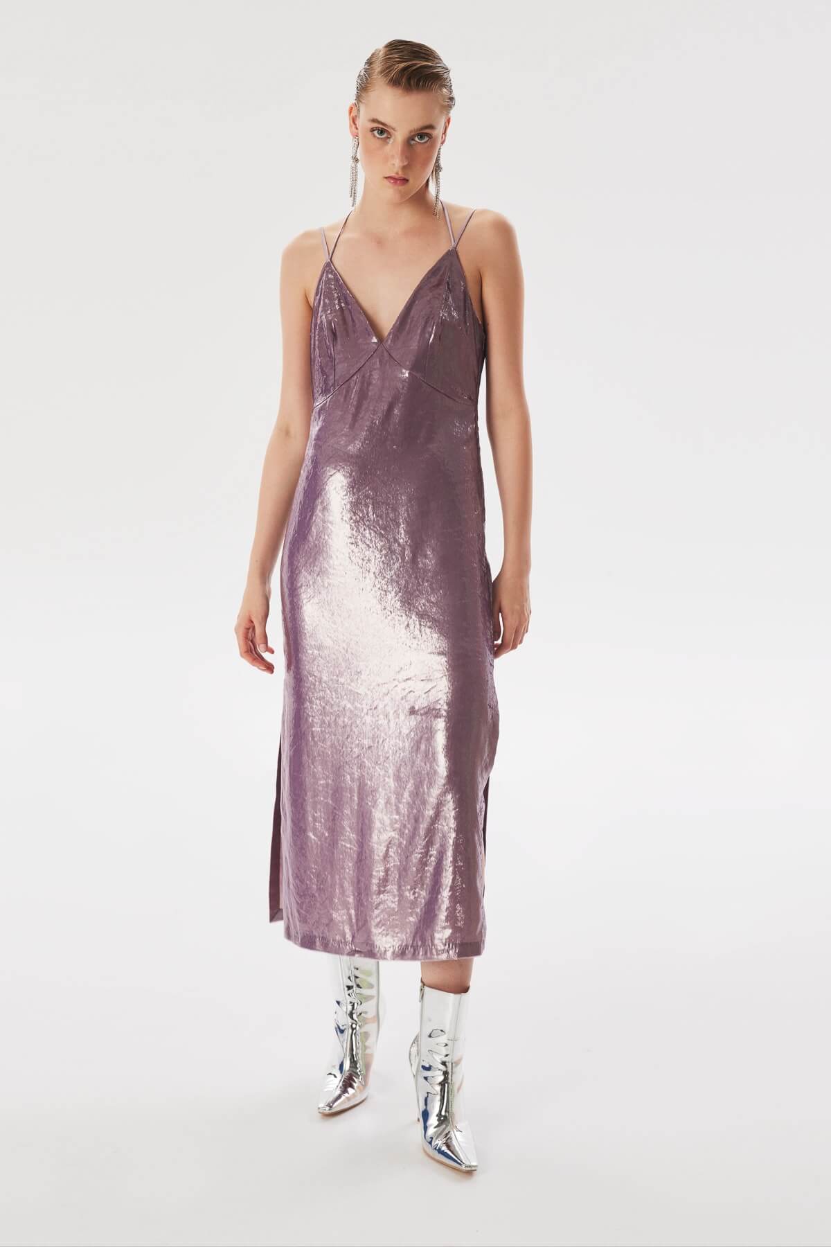 TWIST Lila Parlak Dokulu Midi Elbise