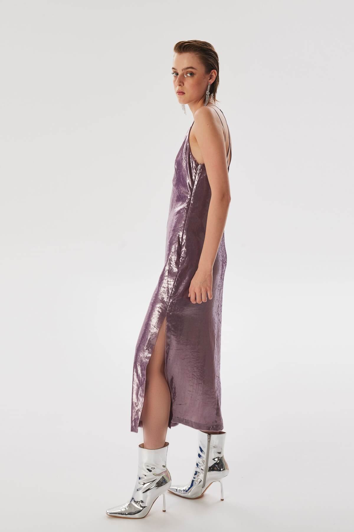 TWIST Lila Parlak Dokulu Midi Elbise