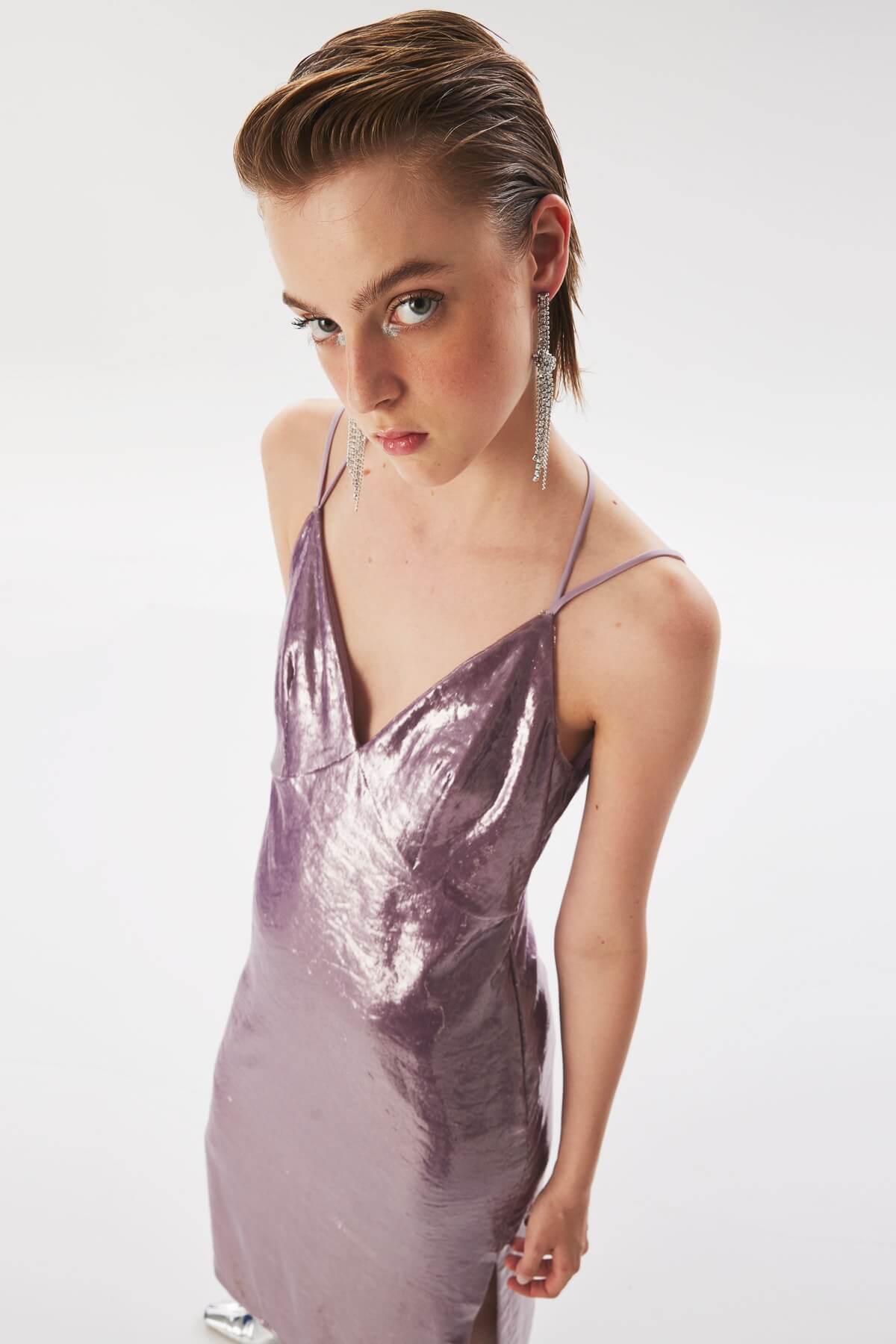 TWIST Lila Parlak Dokulu Midi Elbise