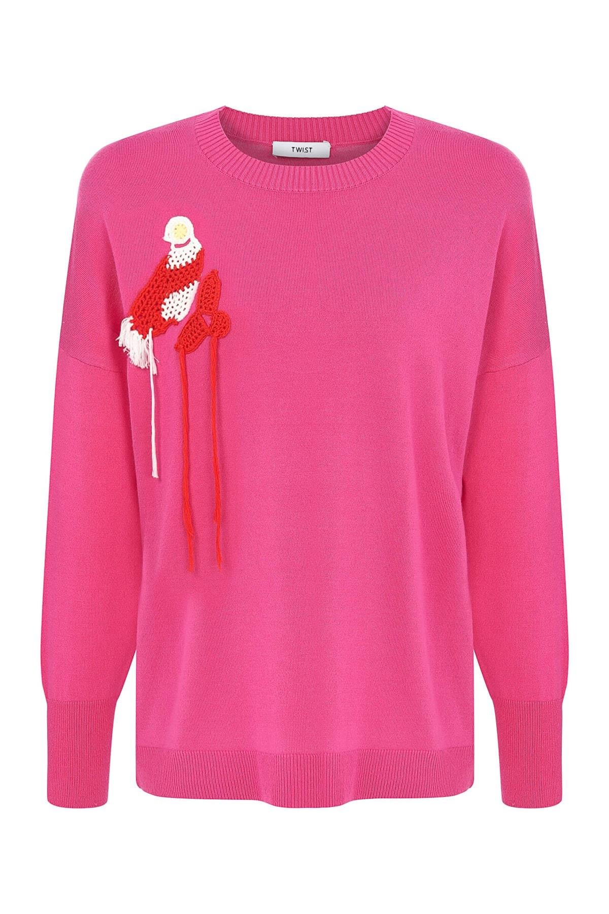 TWIST Pembe Kroşe Nakışlı Triko Kazak