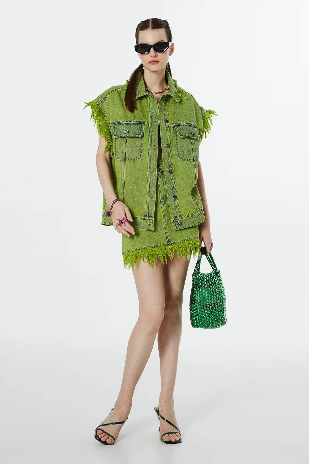 TWIST Raw Edge Detaylı Lime Jean Yelek