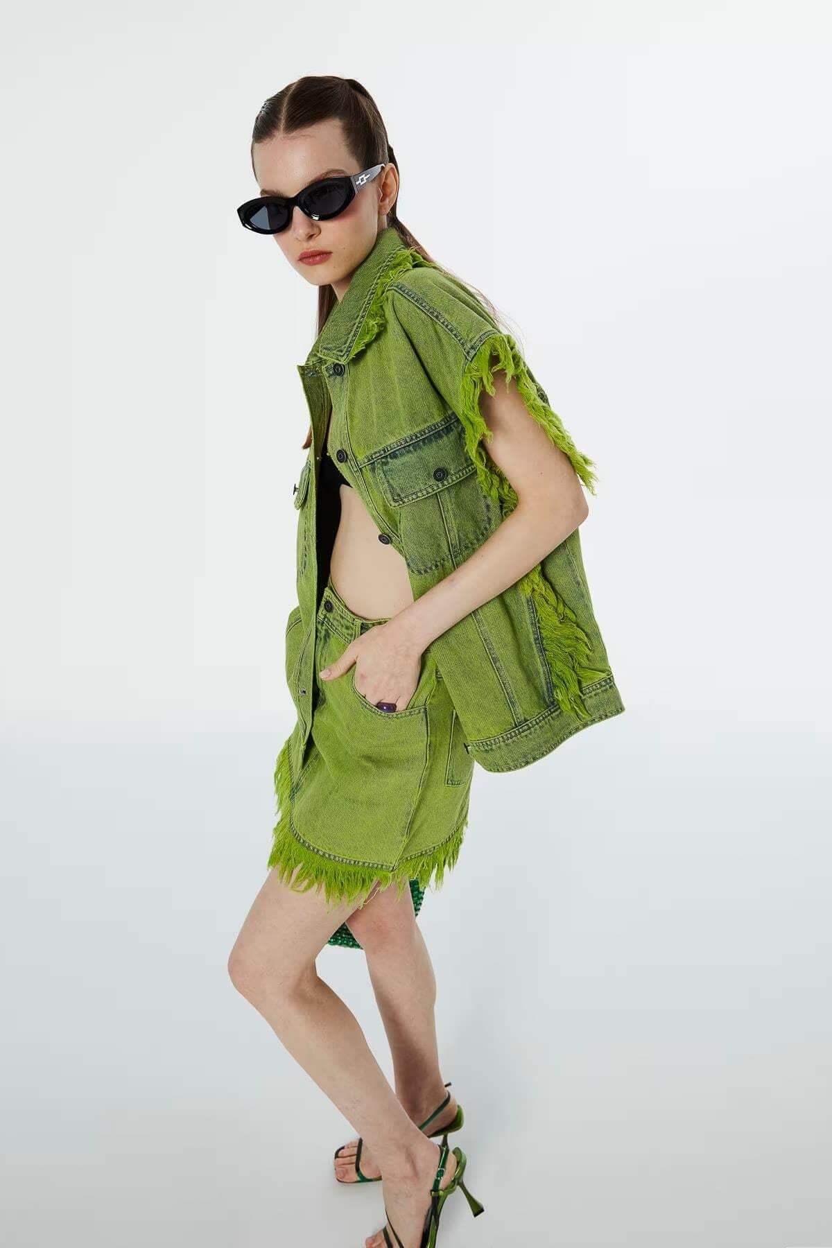 TWIST Raw Edge Detaylı Lime Jean Yelek