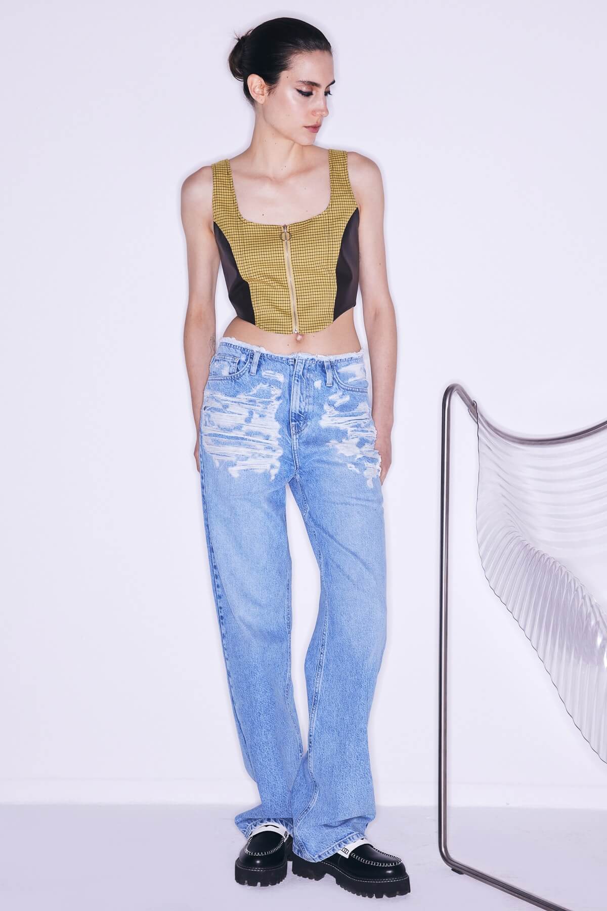 TWIST Sarı Ekose Desen Askılı Bluz