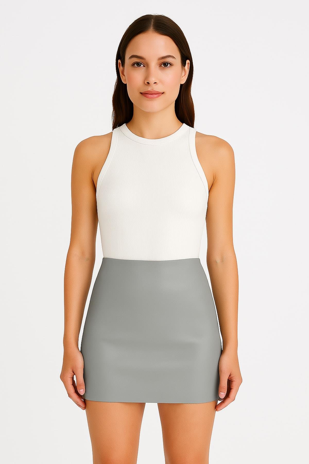 TWIST Suni Deri Gri Slim Fit Mini Etek