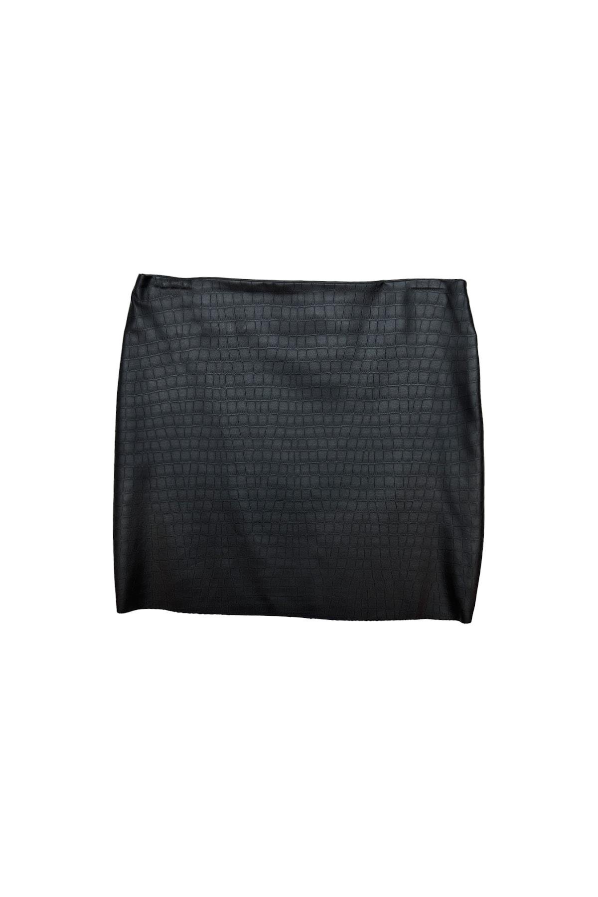 TWIST Suni Deri Siyah Desenli Slim Fit Mini Etek