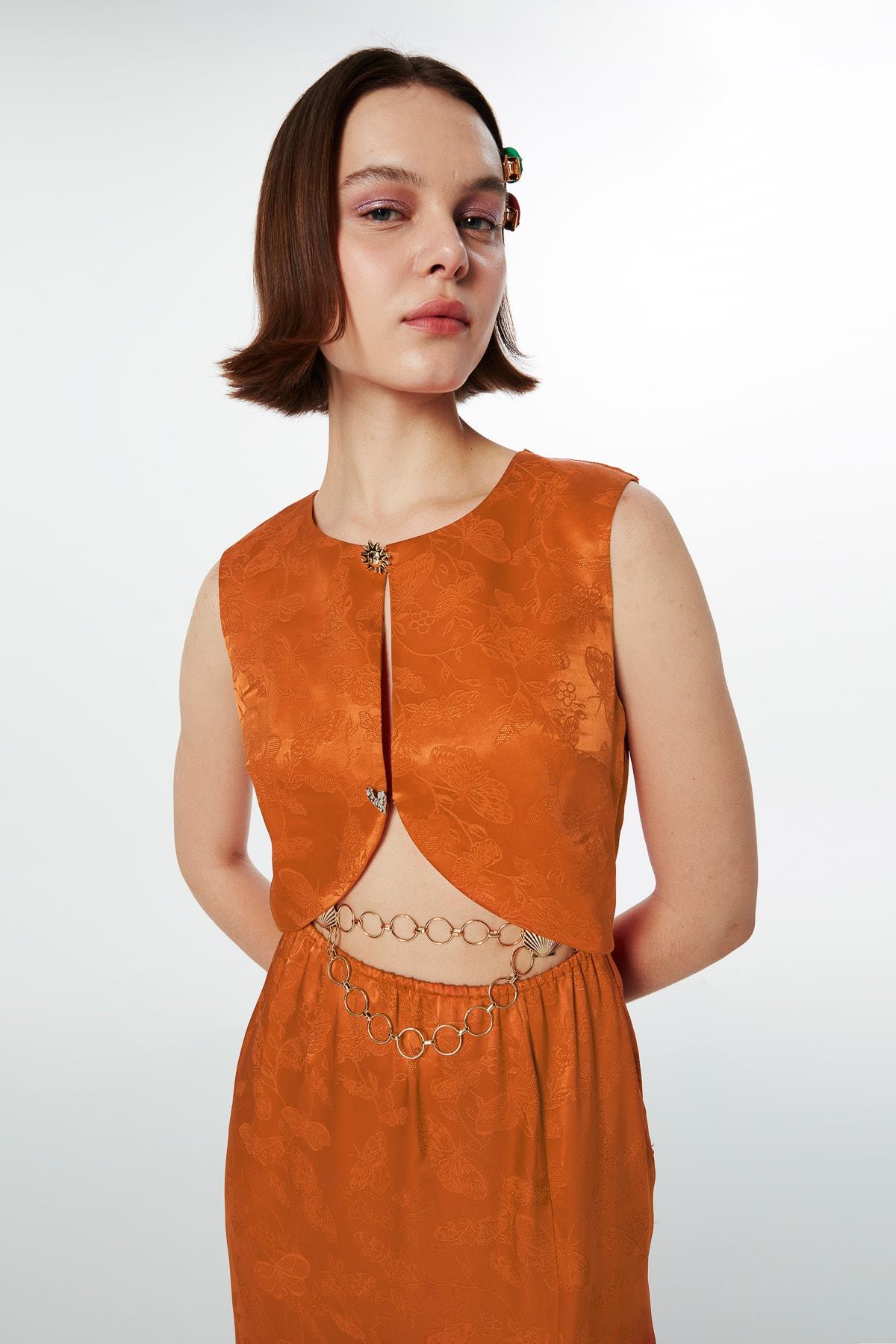 TWIST Turuncu Jakarlı Saten Elbise