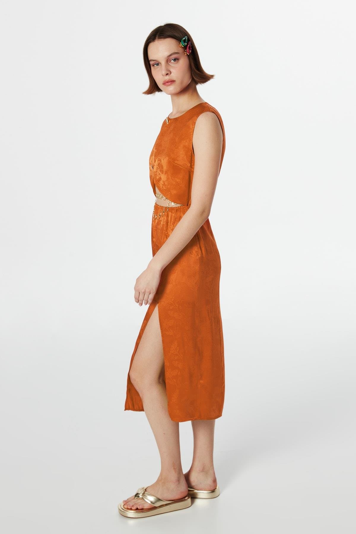 TWIST Turuncu Jakarlı Saten Elbise