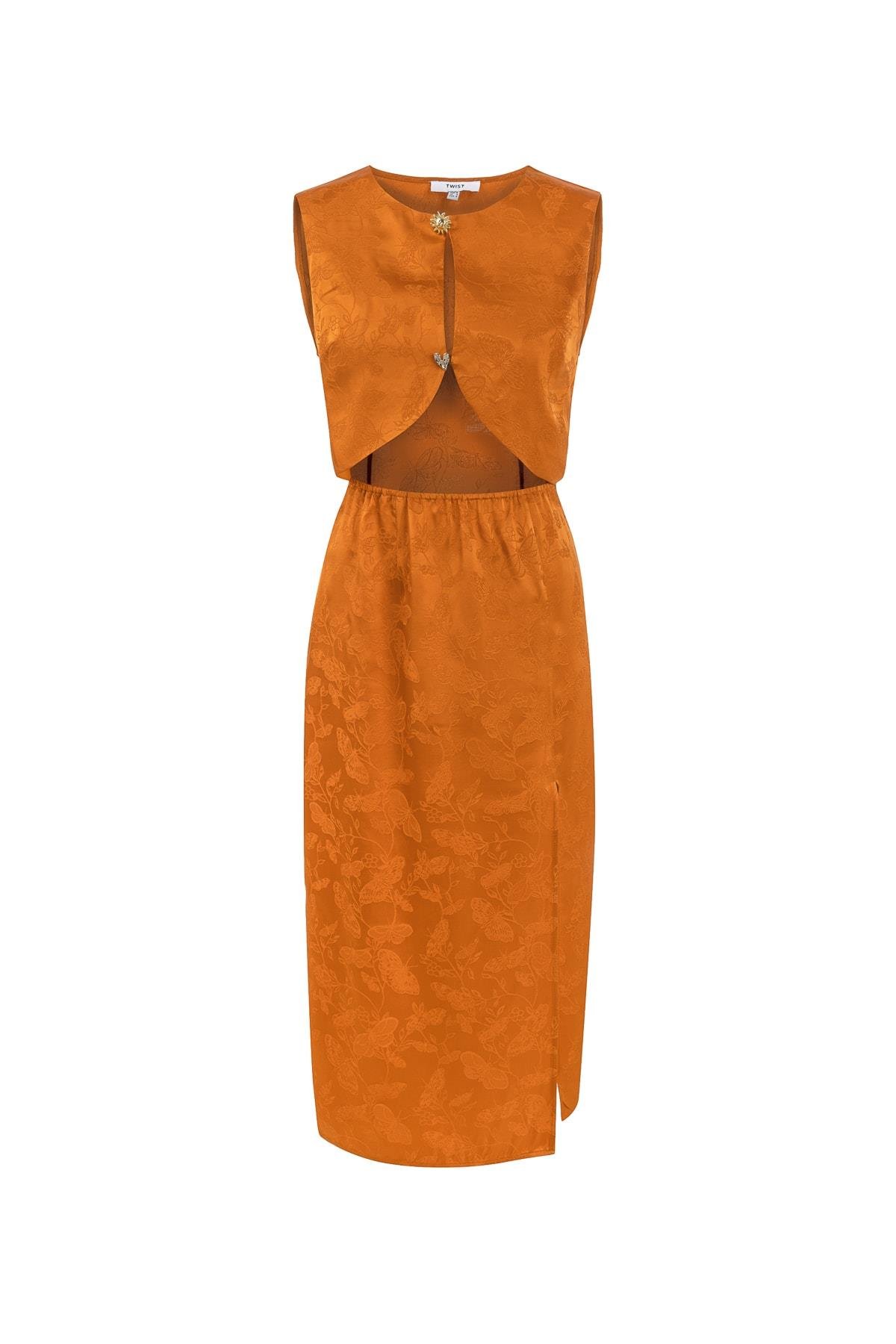 TWIST Turuncu Jakarlı Saten Elbise