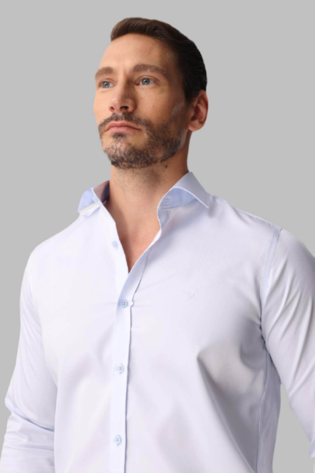 Açık Mavi Slim Fit Dar Kalıp Klasik Yaka Düz Uzun Kollu Cepsiz %100 Pamuk Non Iron Gömlek 