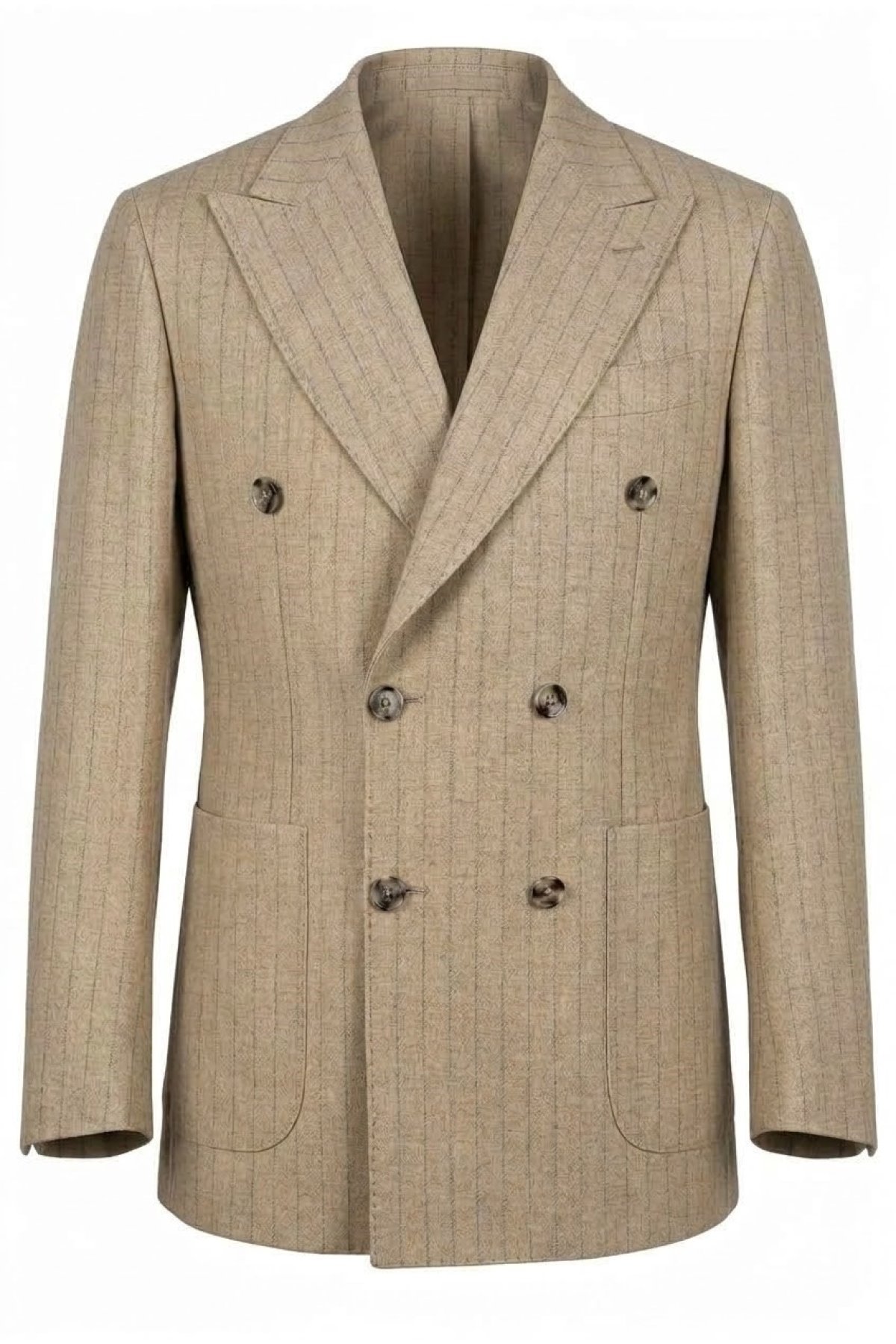 Bej Slim Fit Dar Kalıp Kırlangıç Yaka Yünlü Kruvaze  Ceket