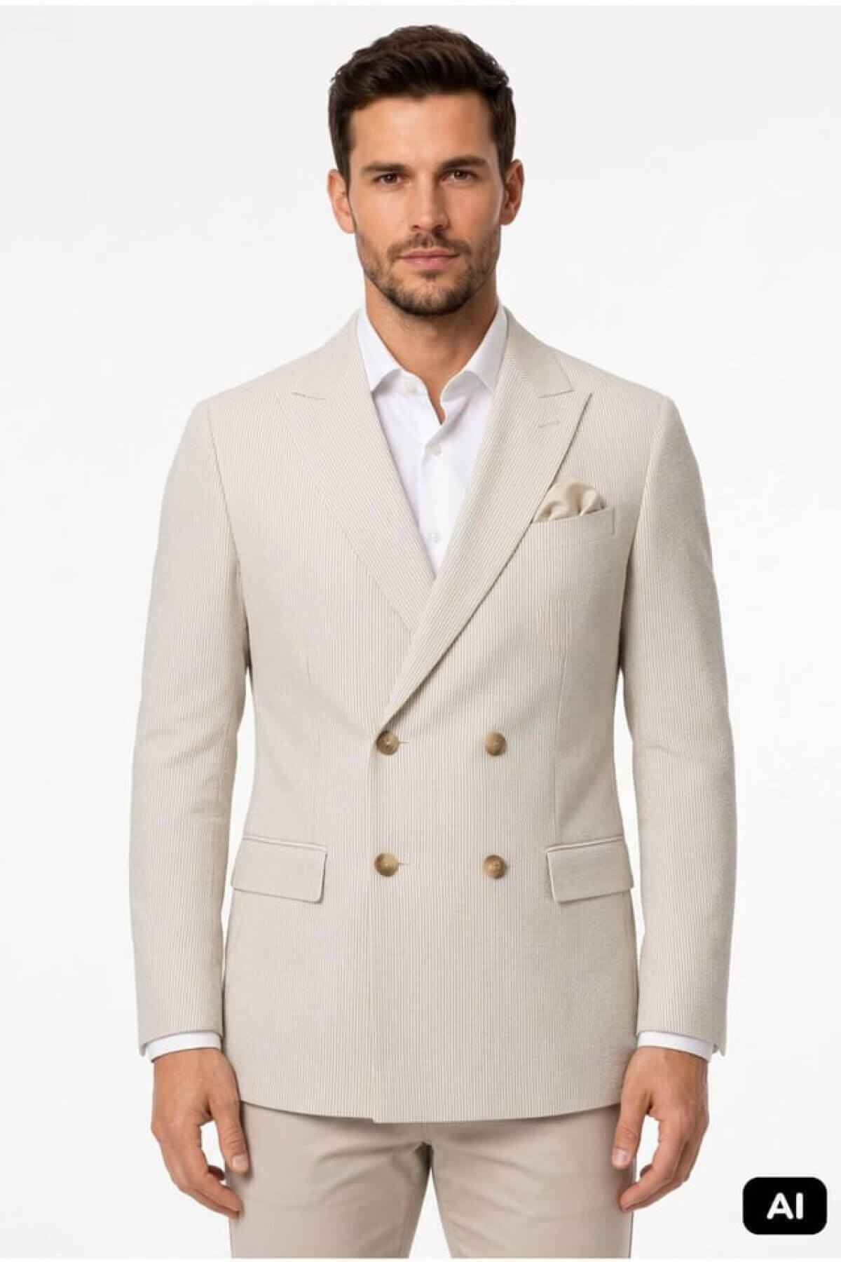 Bej Slim Fit Dar Kalıp Kırlangıç Yaka Çizgili Uzun Kollu Pamuklu Ceket